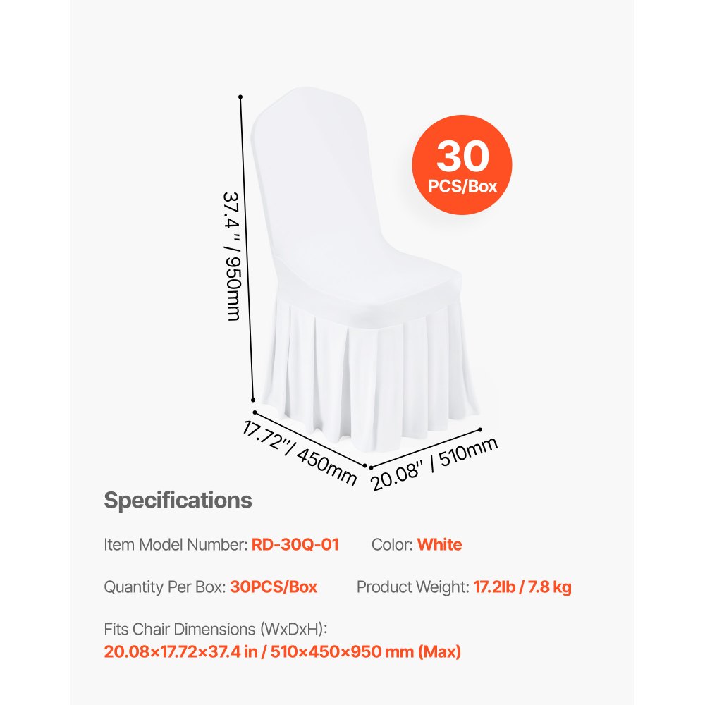 VEVOR Fundas Sillas de Comedor 30 Piezas, Funda para Sillones Elástica de Poliéster y Elastano, para Sillas de Hasta 51 x 45 x 95 cm, Diseño de Falda, Tela Suave, para Fiestas, Banquetes, Blanco