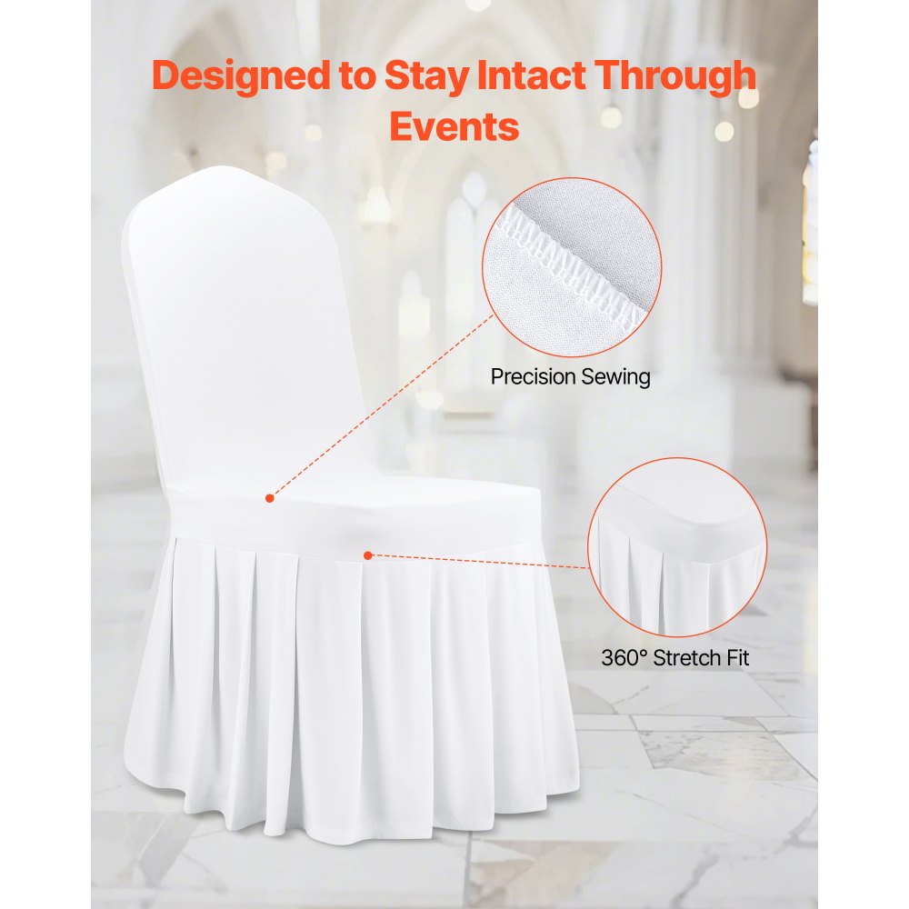 VEVOR Fundas Sillas de Comedor 30 Piezas, Funda para Sillones Elástica de Poliéster y Elastano, para Sillas de Hasta 51 x 45 x 95 cm, Diseño de Falda, Tela Suave, para Fiestas, Banquetes, Blanco