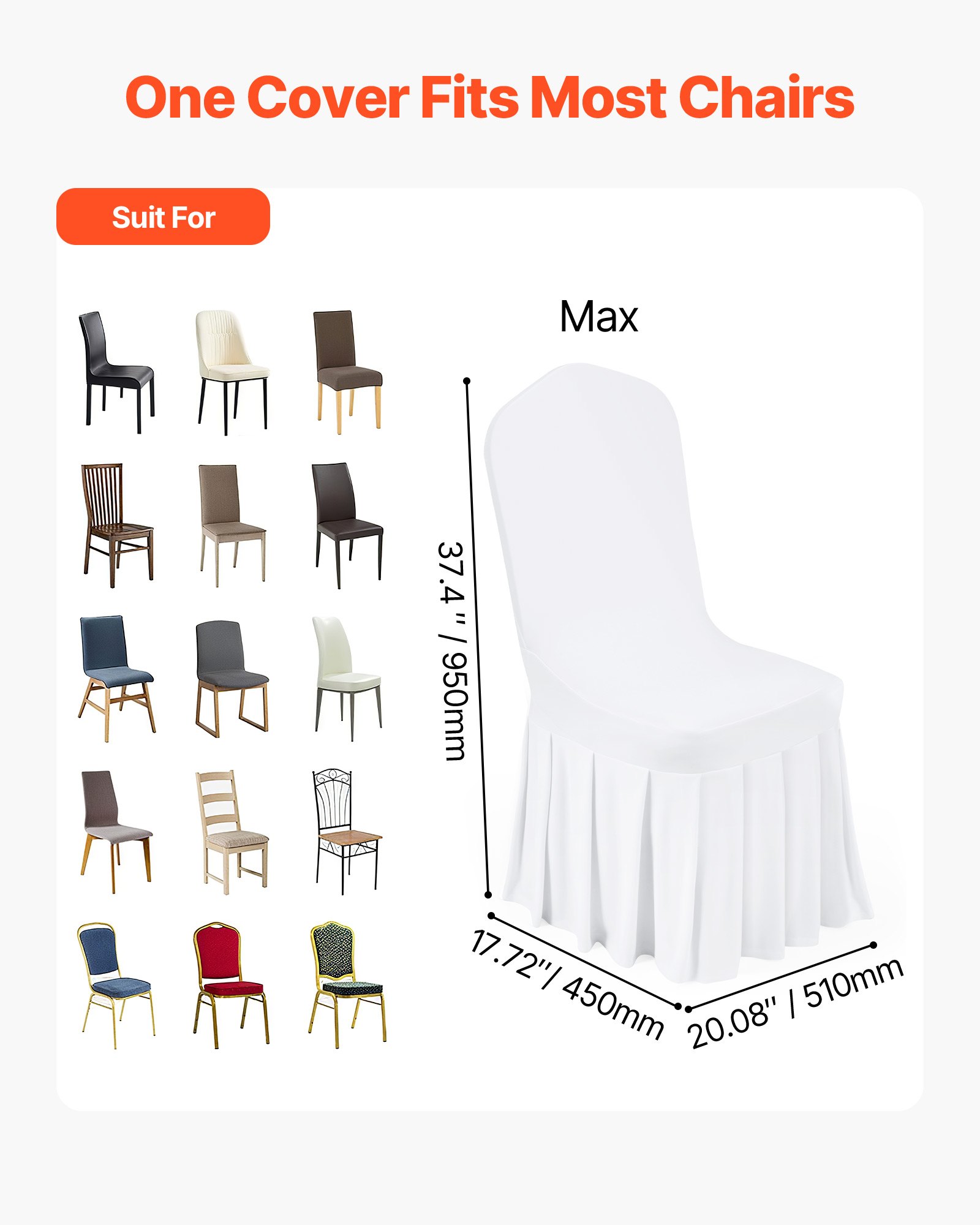 VEVOR Fundas Sillas de Comedor 30 Piezas, Funda para Sillones Elástica de Poliéster y Elastano, para Sillas de Hasta 51 x 45 x 95 cm, Diseño de Falda, Tela Suave, para Fiestas, Banquetes, Blanco
