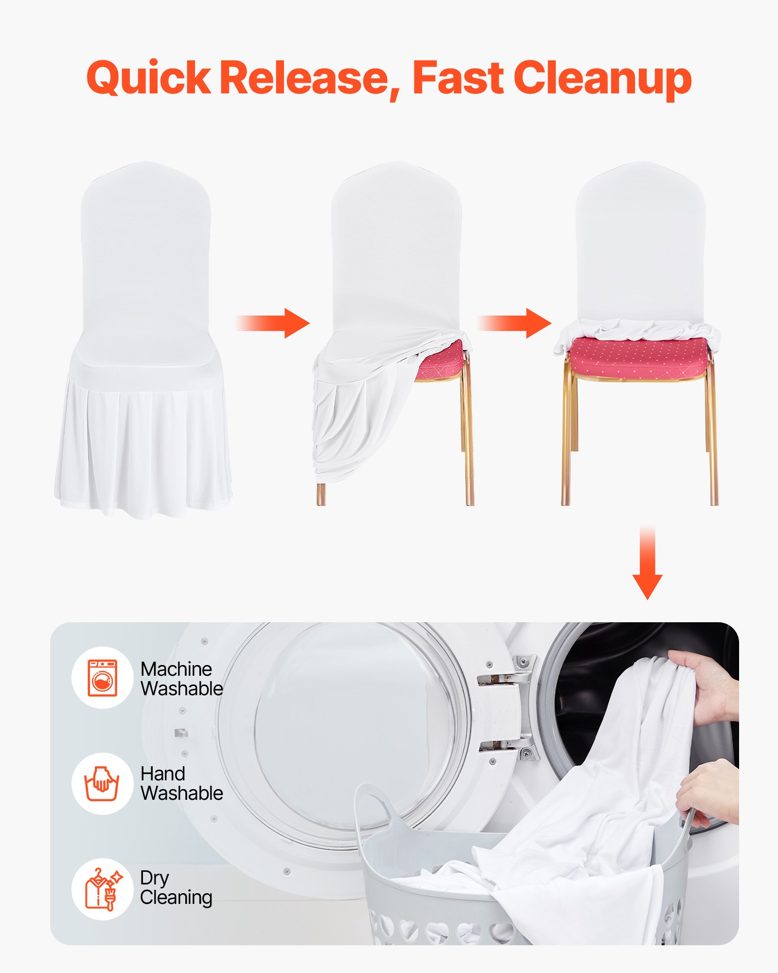 VEVOR Fundas Sillas de Comedor 30 Piezas, Funda para Sillones Elástica de Poliéster y Elastano, para Sillas de Hasta 51 x 45 x 95 cm, Diseño de Falda, Tela Suave, para Fiestas, Banquetes, Blanco