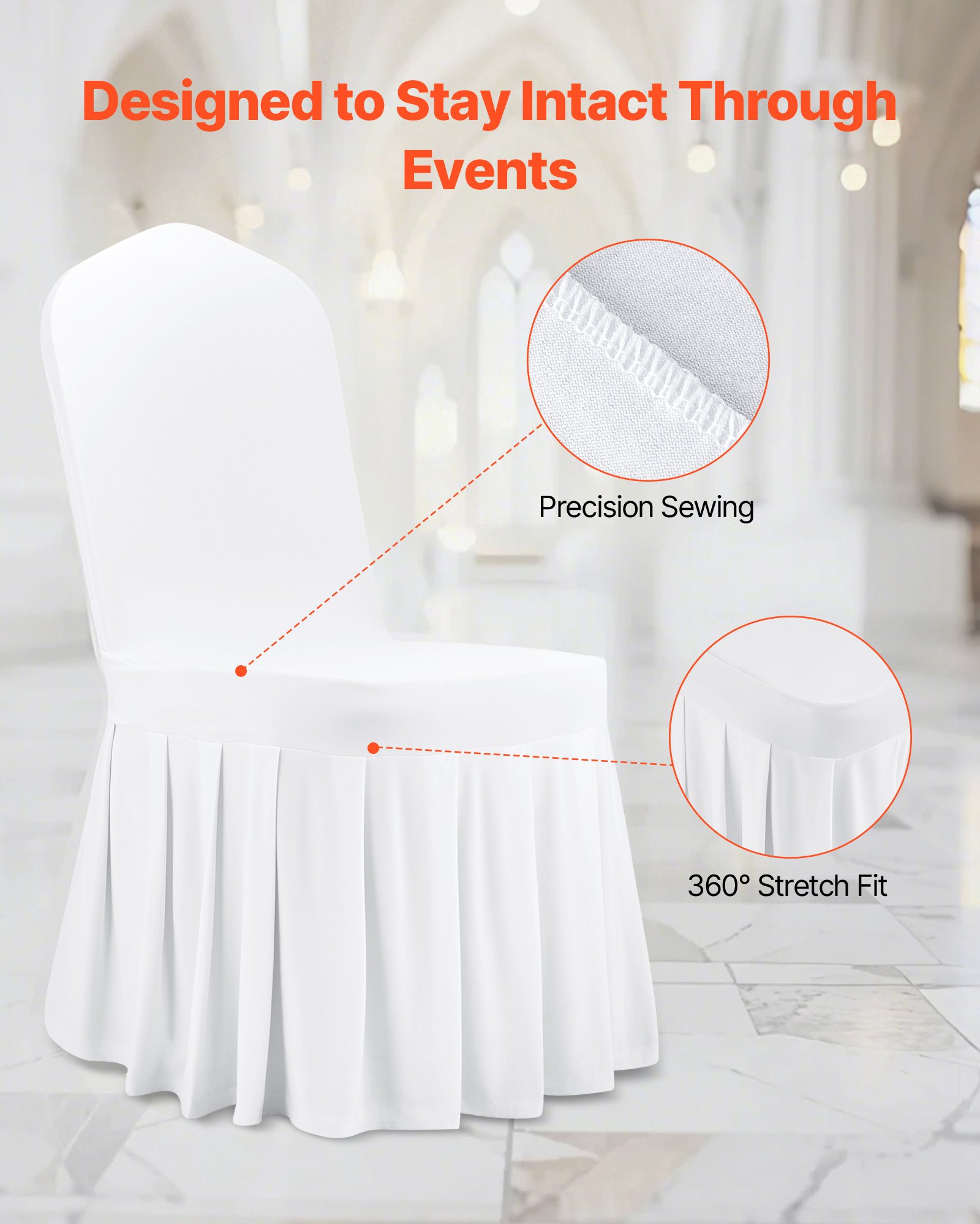 VEVOR Fundas Sillas de Comedor 30 Piezas, Funda para Sillones Elástica de Poliéster y Elastano, para Sillas de Hasta 51 x 45 x 95 cm, Diseño de Falda, Tela Suave, para Fiestas, Banquetes, Blanco