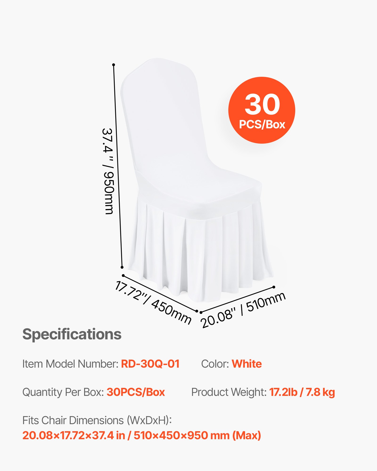 VEVOR Fundas Sillas de Comedor 30 Piezas, Funda para Sillones Elástica de Poliéster y Elastano, para Sillas de Hasta 51 x 45 x 95 cm, Diseño de Falda, Tela Suave, para Fiestas, Banquetes, Blanco