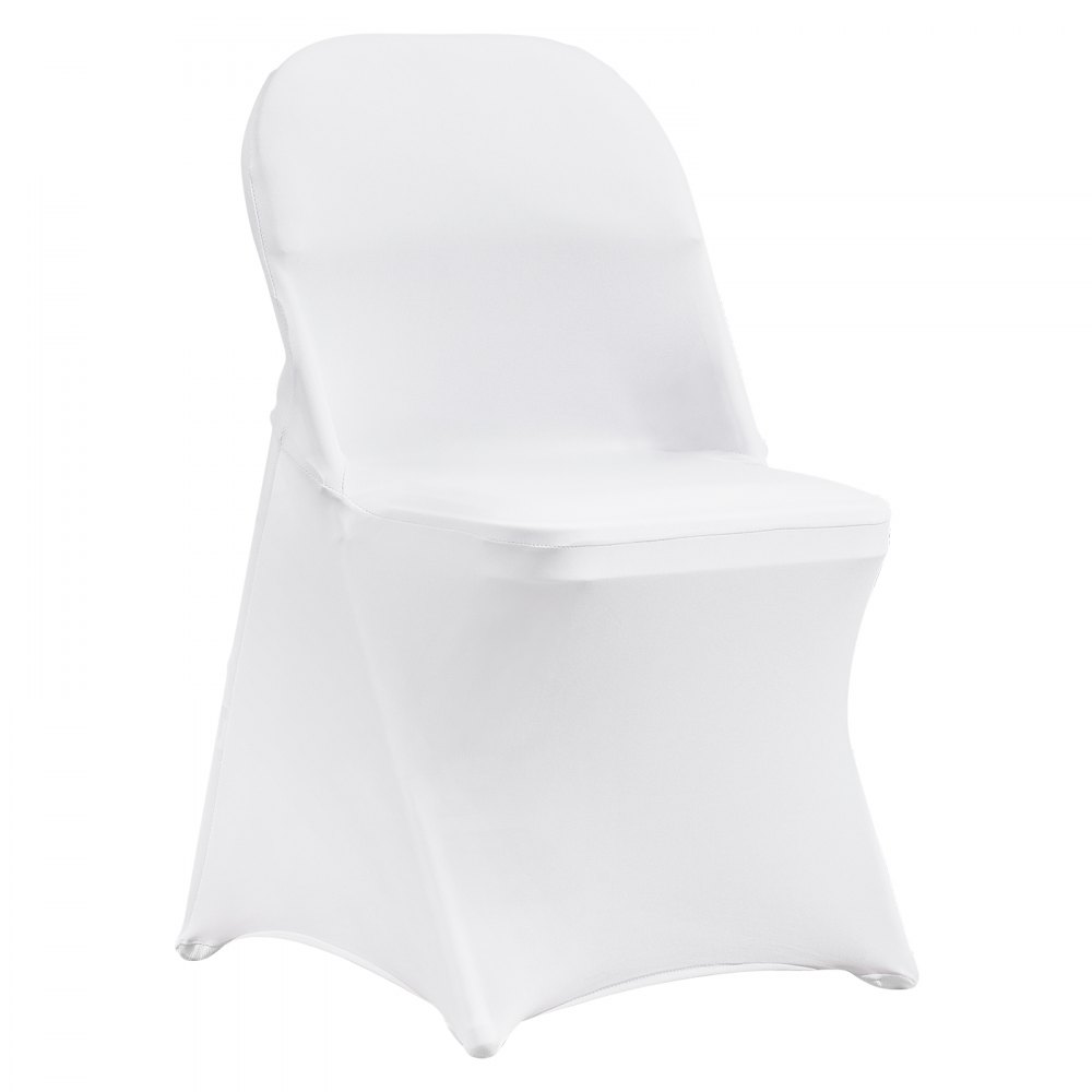 Silla blanca con funda de spandex VEVOR, que presenta un ajuste perfecto y un diseño elegante.