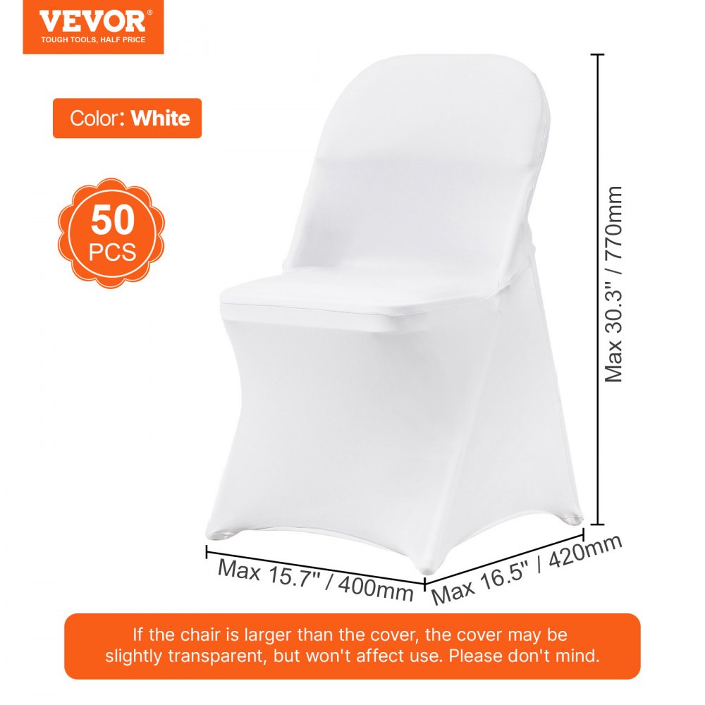 VEVOR Fundas para Sillas Plegables de Spandex Elástico, Funda para Silla Ajustable Universal, Fundas Protectoras Lavables Extraíbles, para Bodas, Vacaciones, 400 x 420 x 770 mm(50 Piezas Blancas)