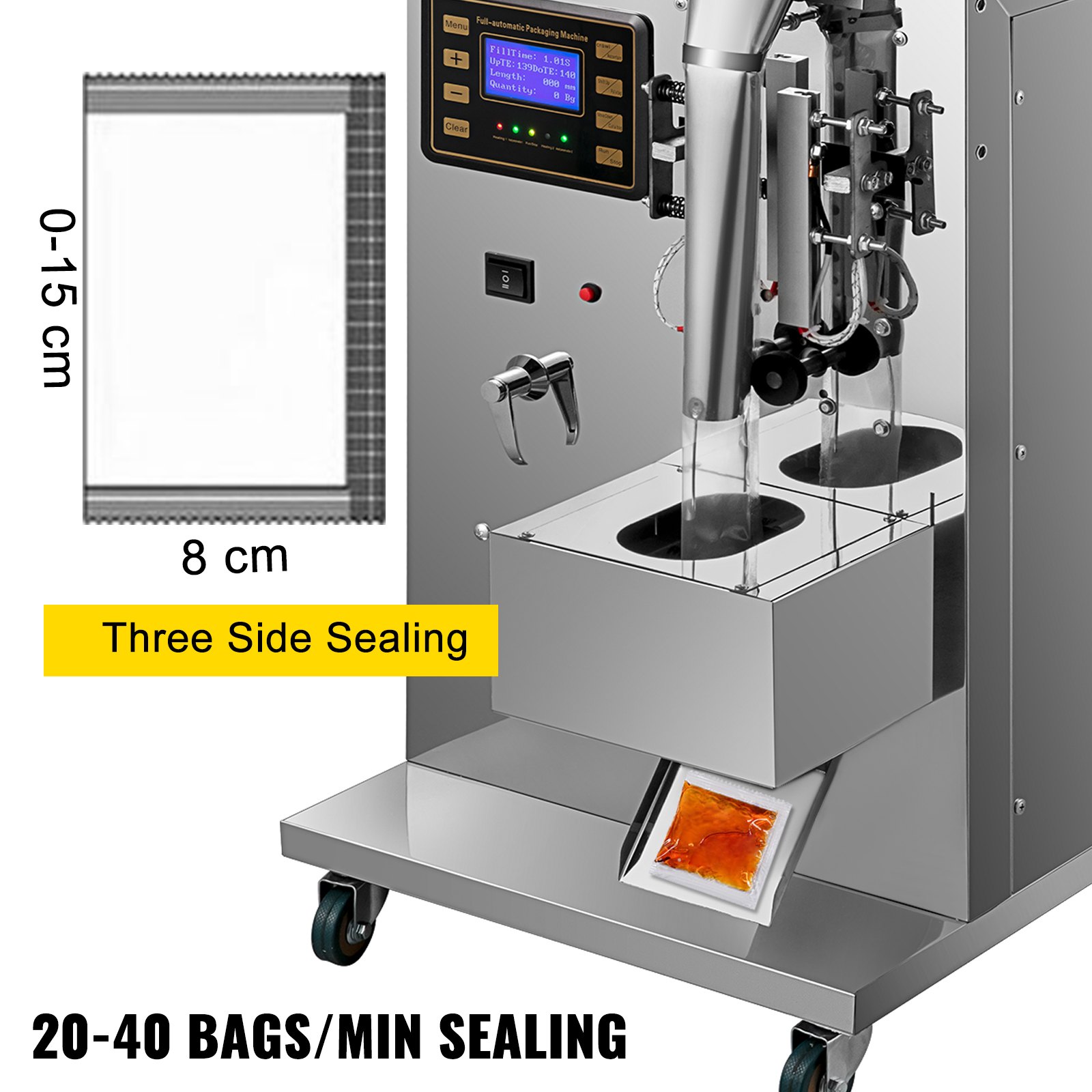 VEVOR Máquina Llenadora de Líquido Neumática, Rango de Empaque 3-120 g Llenadora de Botellas Neumática de Pistón Velocidad de 20-40 Bolsas / min. Máquina de Llenado de Líquido con Panel de Control LCD