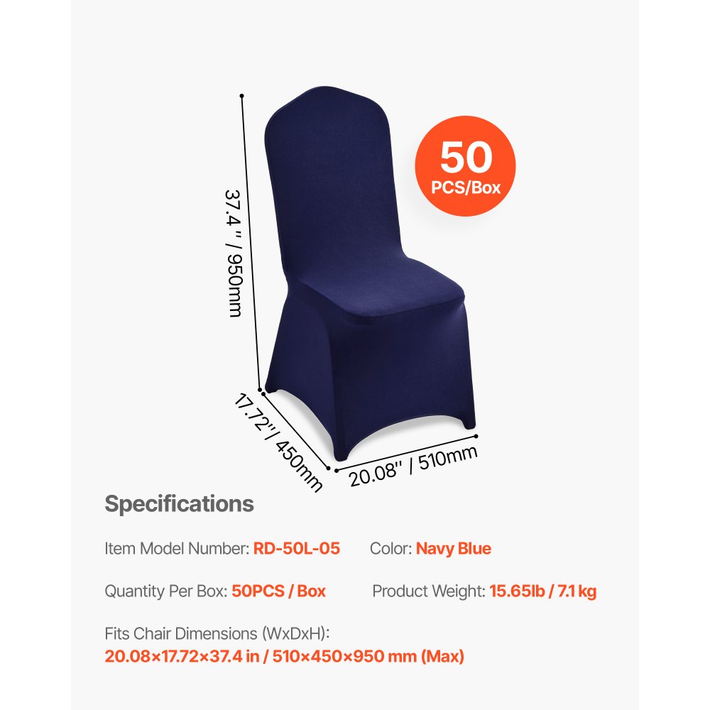 VEVOR Fundas Sillas de Comedor 50 Piezas, Funda para Sillones Elástica de Poliéster y Elastano, para Sillas de Hasta 51 x 45 x 95 cm, Tela Suave y Transpirable, para Boda, Banquetes, Azul Marino
