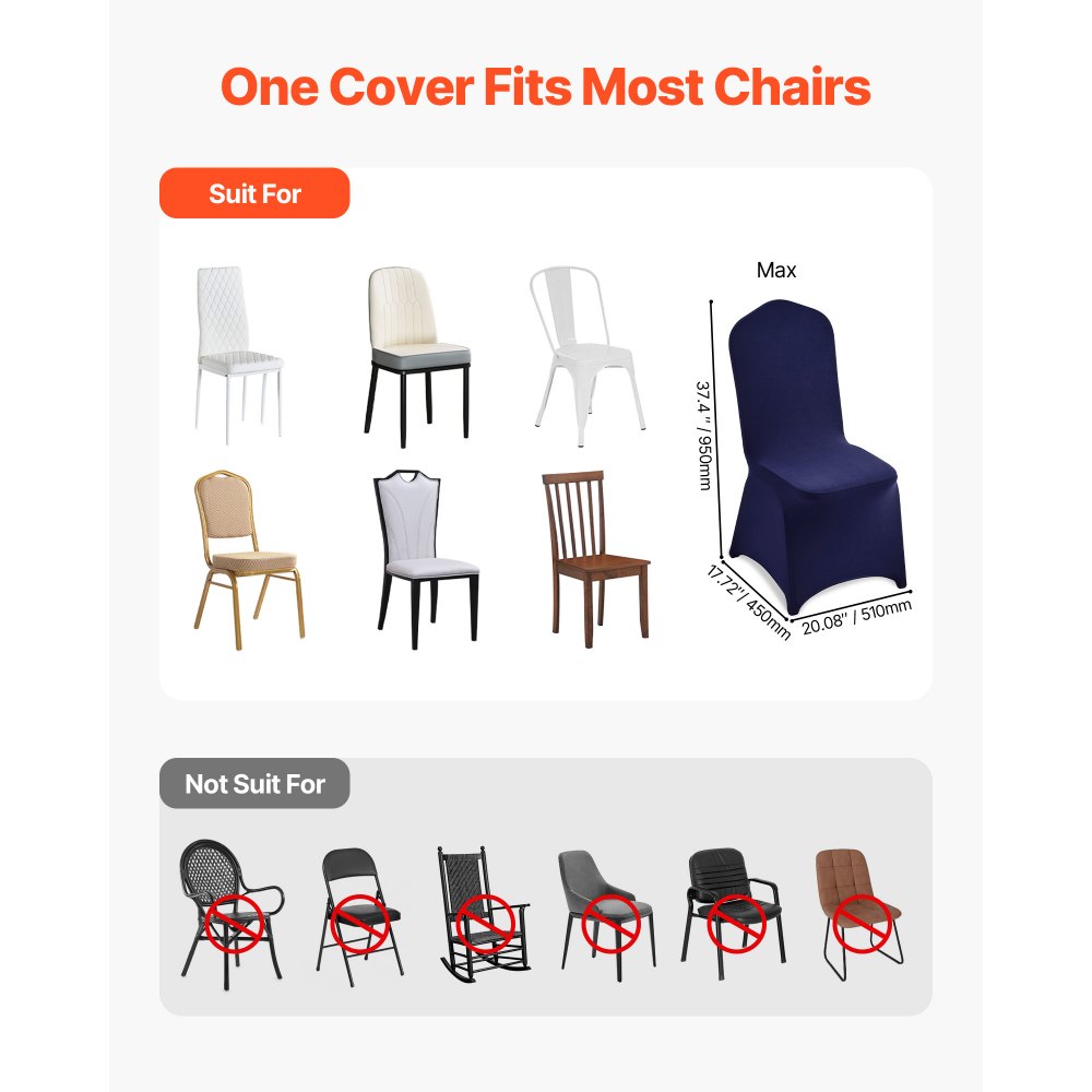 VEVOR Fundas Sillas de Comedor 50 Piezas, Funda para Sillones Elástica de Poliéster y Elastano, para Sillas de Hasta 51 x 45 x 95 cm, Tela Suave y Transpirable, para Boda, Banquetes, Azul Marino