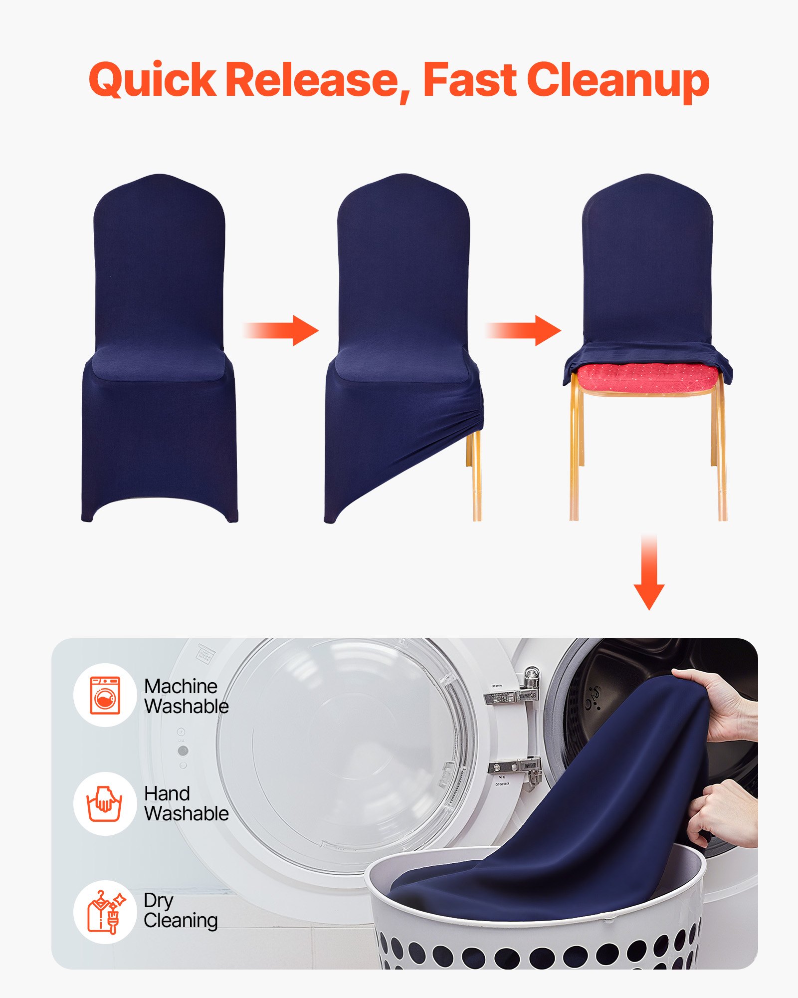 VEVOR Fundas Sillas de Comedor 50 Piezas, Funda para Sillones Elástica de Poliéster y Elastano, para Sillas de Hasta 51 x 45 x 95 cm, Tela Suave y Transpirable, para Boda, Banquetes, Azul Marino