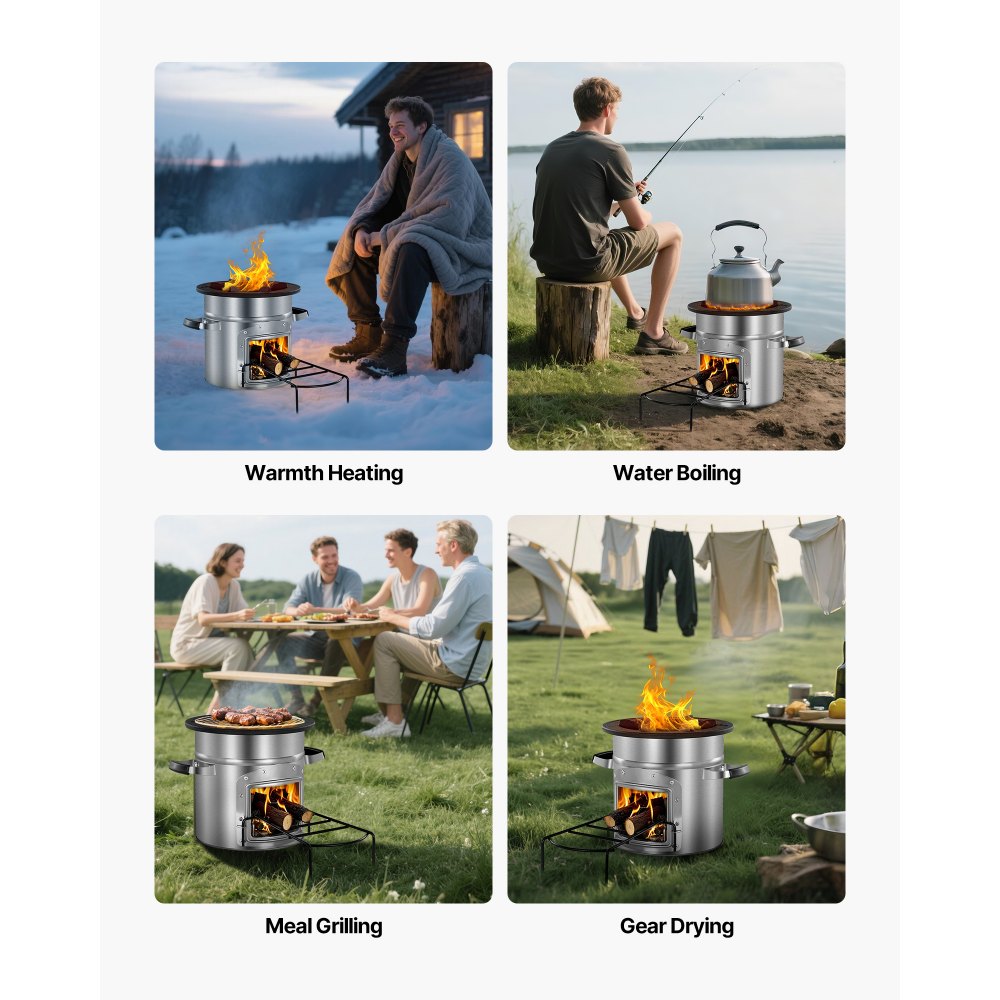 VEVOR Estufa Cohete para Acampar, Estufa Portátil de Leña de Acero Inoxidable con Bolsa de Transporte, Una Sola Puerta, para Cocinar y Calentar al Aire Libre, Senderismo, Patio y Camping, Plata