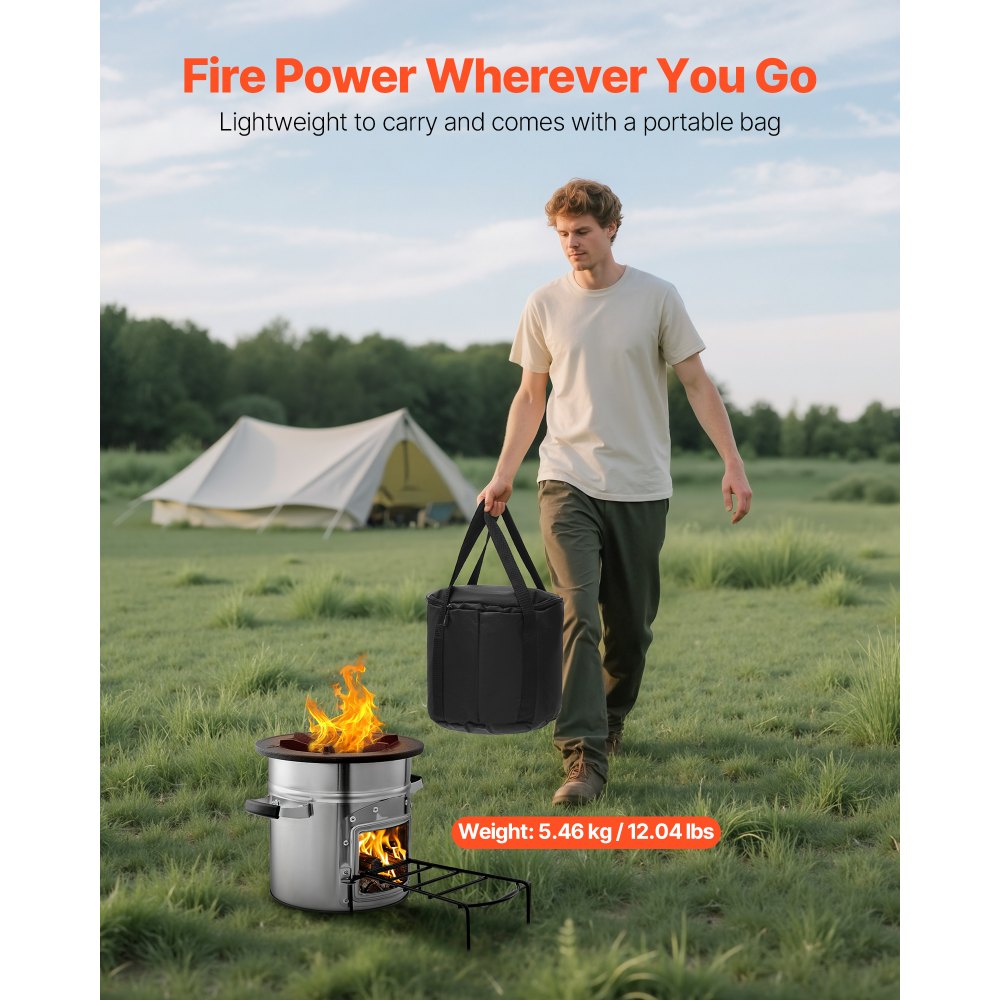 VEVOR Estufa Cohete para Acampar, Estufa Portátil de Leña de Acero Inoxidable con Bolsa de Transporte, Una Sola Puerta, para Cocinar y Calentar al Aire Libre, Senderismo, Patio y Camping, Plata