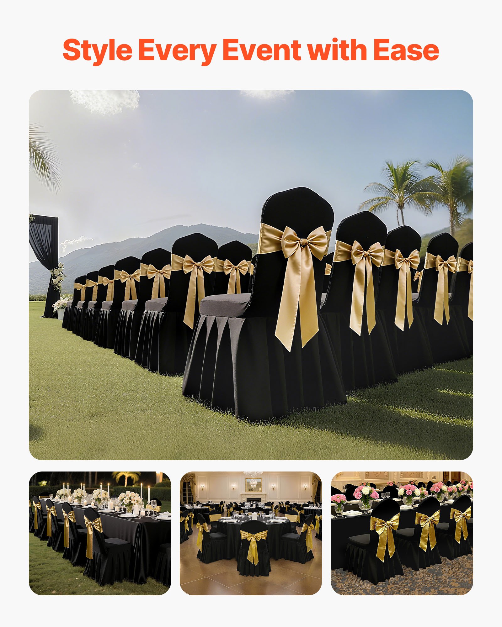 VEVOR Fundas Sillas de Comedor 30 Piezas, Funda para Sillones Elástica de Poliéster y Elastano, para Sillas de Hasta 51 x 45 x 95 cm, Diseño de Falda, Tela Suave, para Boda, Fiestas, Banquetes, Negro