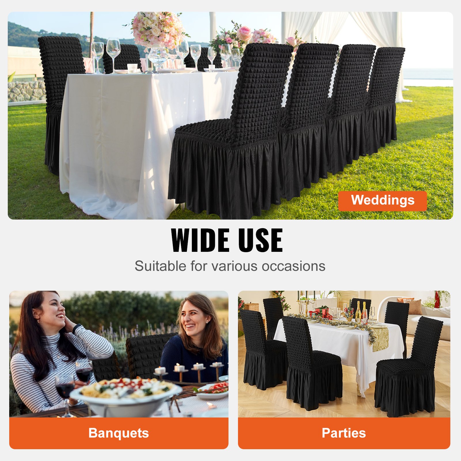 VEVOR Fundas para Sillas Plegables de Elastano Elástico, Funda Universal para Silla con Falda, Fundas Protectoras Lavables Extraíbles, para Bodas, Banquetes, Fiestas 440 x 510 x 925 mm(4 Piezas Negro)