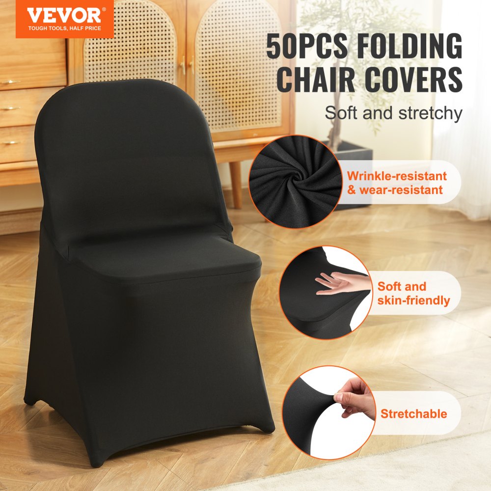 VEVOR Chair Covers made of Elastic Spandex for Folding Chairs, Universally Fitting, Short Front Cover, Removable & Washable Protective Covers, for Wedding, Holiday, Party, Celebration, (50 Pieces, Black)