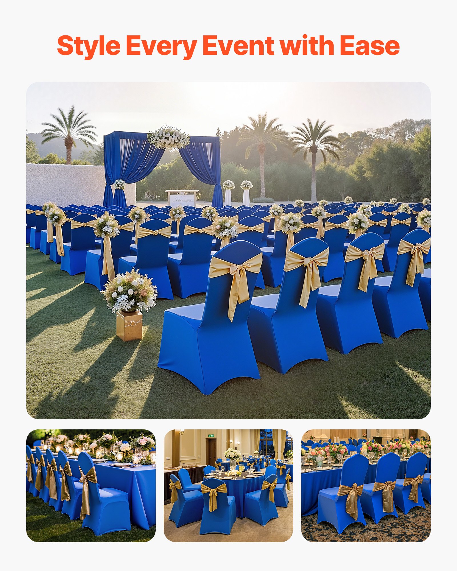 VEVOR Fundas Sillas de Comedor 50 Piezas, Funda para Sillones Elástica de Poliéster y Elastano, para Sillas de Hasta 51 x 45 x 95 cm, Tela Suave y Transpirable, para Boda, Fiestas, Banquetes, Azul