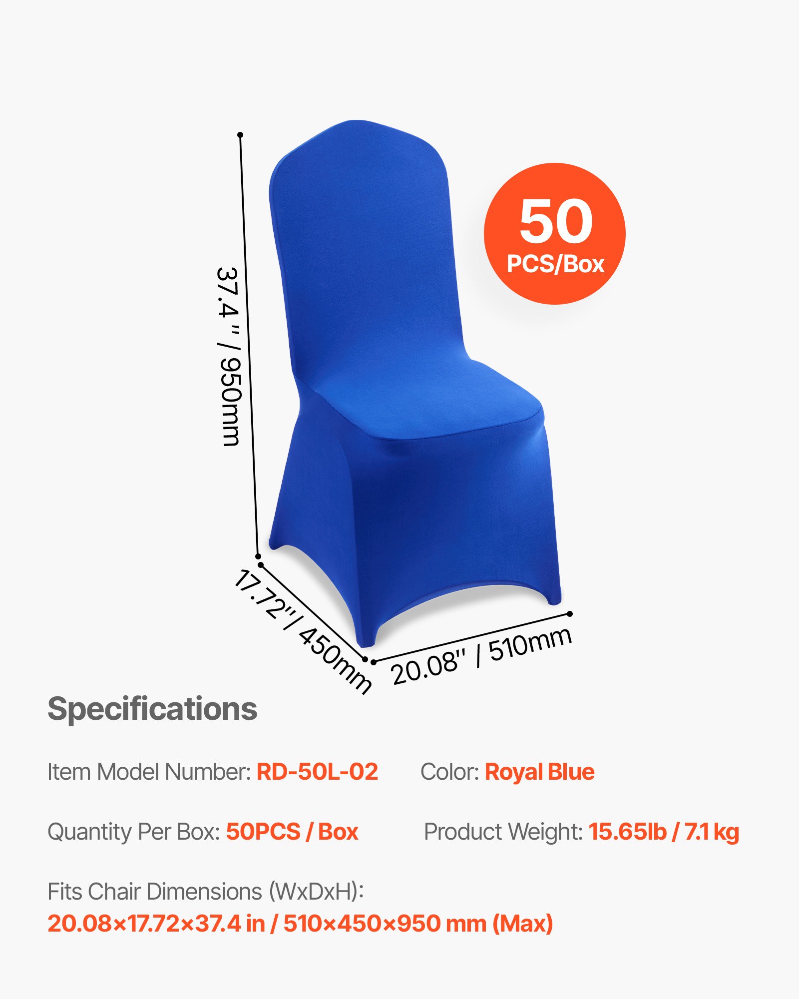 VEVOR Fundas Sillas de Comedor 50 Piezas, Funda para Sillones Elástica de Poliéster y Elastano, para Sillas de Hasta 51 x 45 x 95 cm, Tela Suave y Transpirable, para Boda, Fiestas, Banquetes, Azul