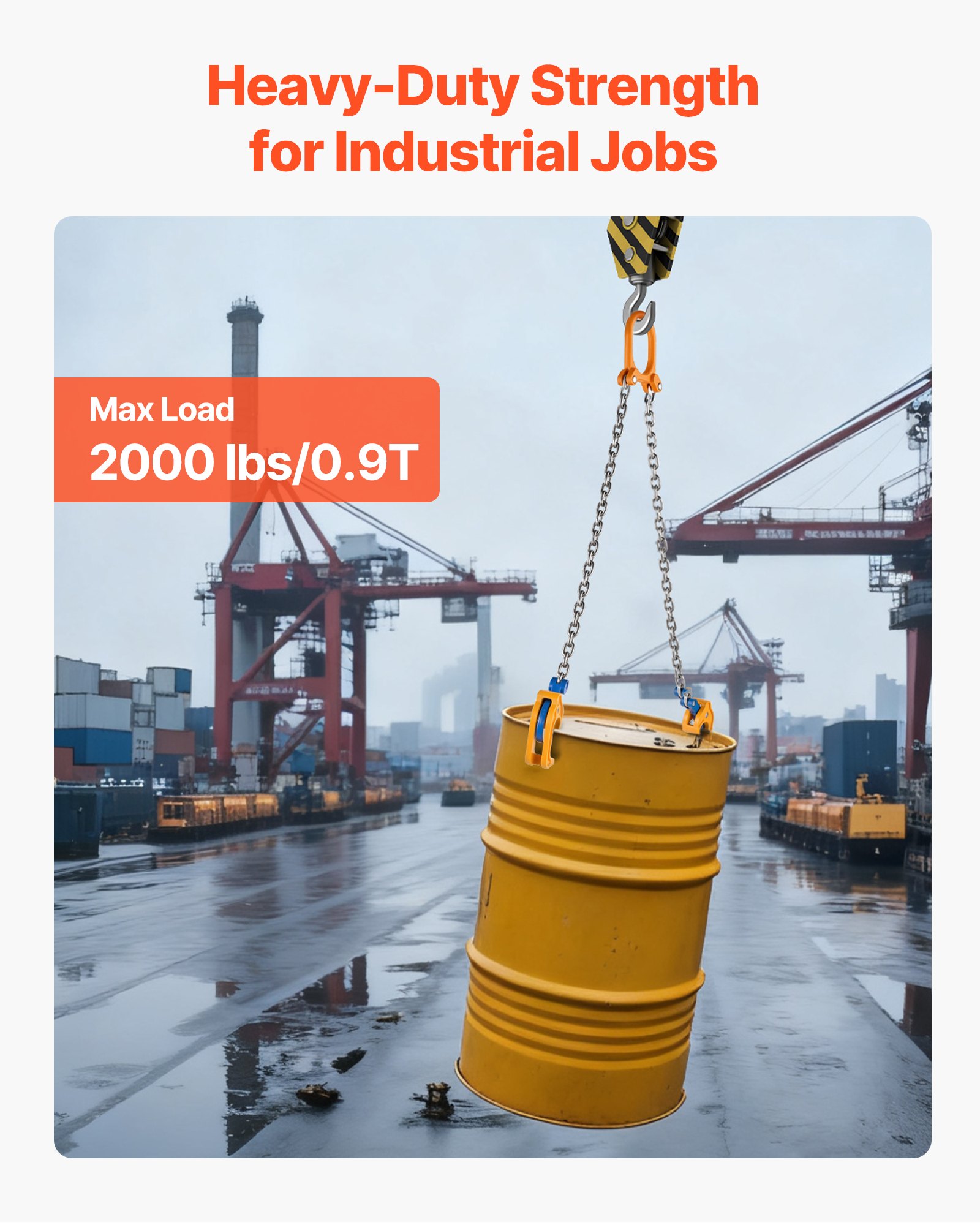 VEVOR Elevador de Bidones de Cadena, Eslinga de Cadena G80 con Gancho de Seguridad Reforzado, Capacidad 0,9 T, Acero al Carbono, para Manipulación de Bidones de 50 cm de Largo, 740 x 80 x 50 mm