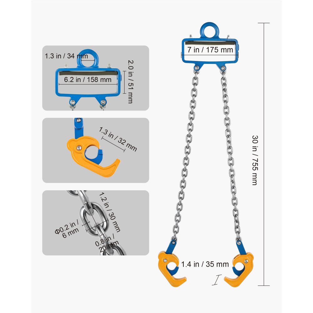 VEVOR Elevador de Bidones de Cadena, Cadena de Elevación de Bidones G80 con Gancho de Seguridad, Capacidad de 1 T, Apto para Carretillas Elevadoras de Grúa, Acero al Carbono, 755 x 175 x 35 mm