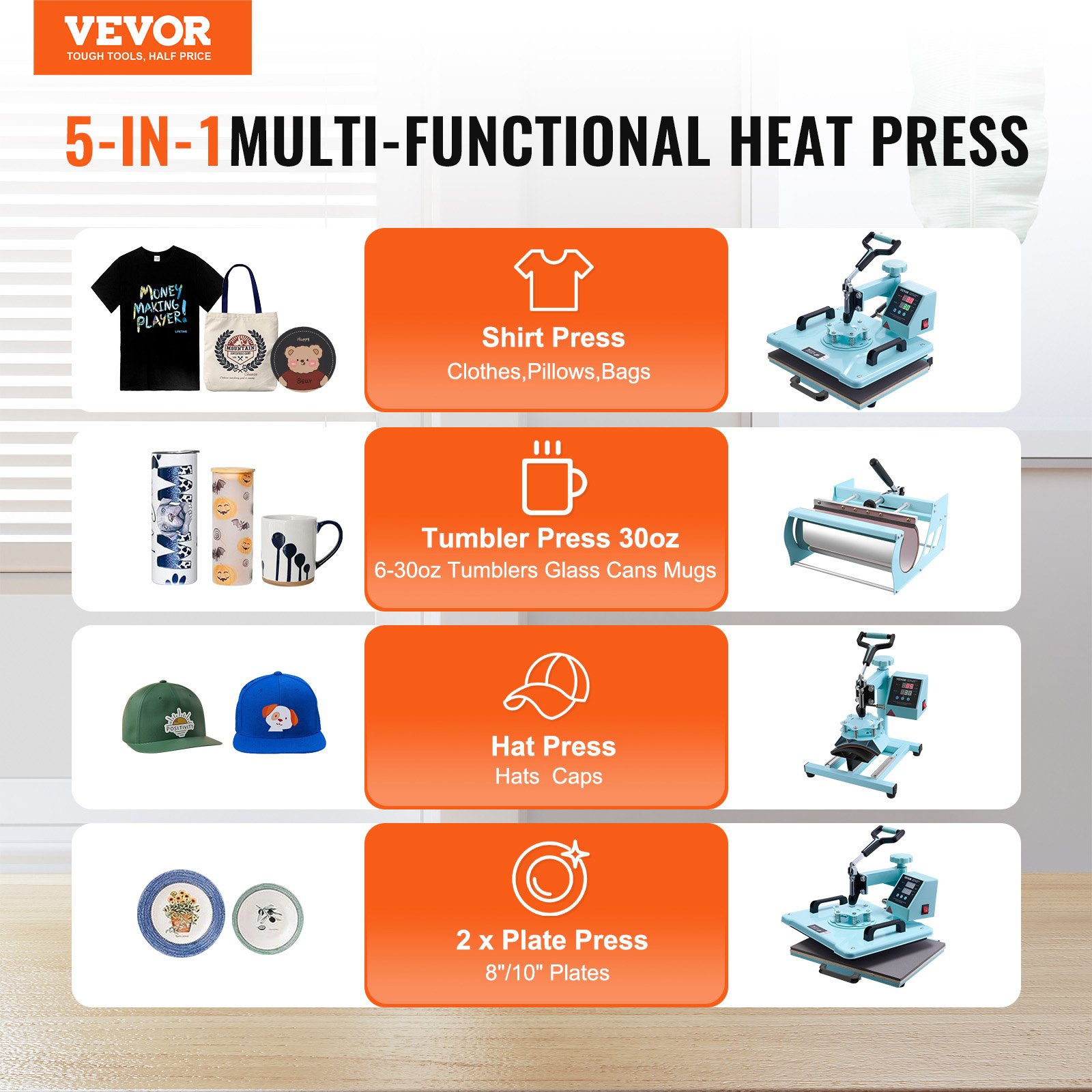 VEVOR Heat Press, 12 x 15 inch, 5-in-1 Heat Transfer Machine with 30 oz Tumbler Press, 360° Swiveling T-Shirt Press, Digital Precision Control, for T-Shirts/Mugs/Hats/Plates, Green