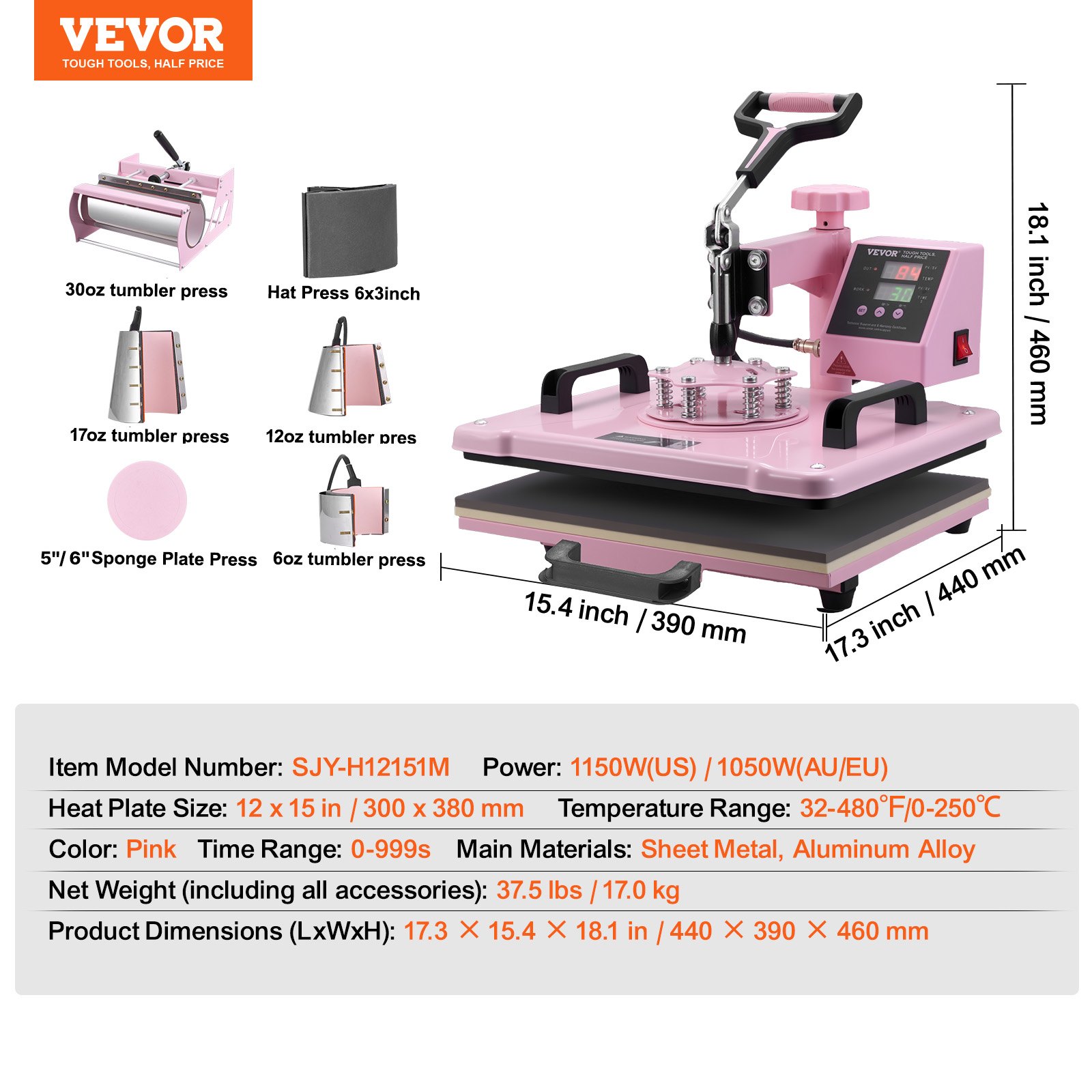 VEVOR - Máquina de prensado por calor, 12 x 15 pulgadas, 8 en 1, con prensa de vaso de 6 a 30 oz, prensado de camisetas con giro de 360°, control digital preciso, para camisetas, tazas, sombreros y platos, color rosa