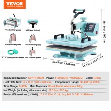 VEVOR 8 en 1 Máquina de Prensado por Calor de 300 x 380 mm para Camiseta, Verde