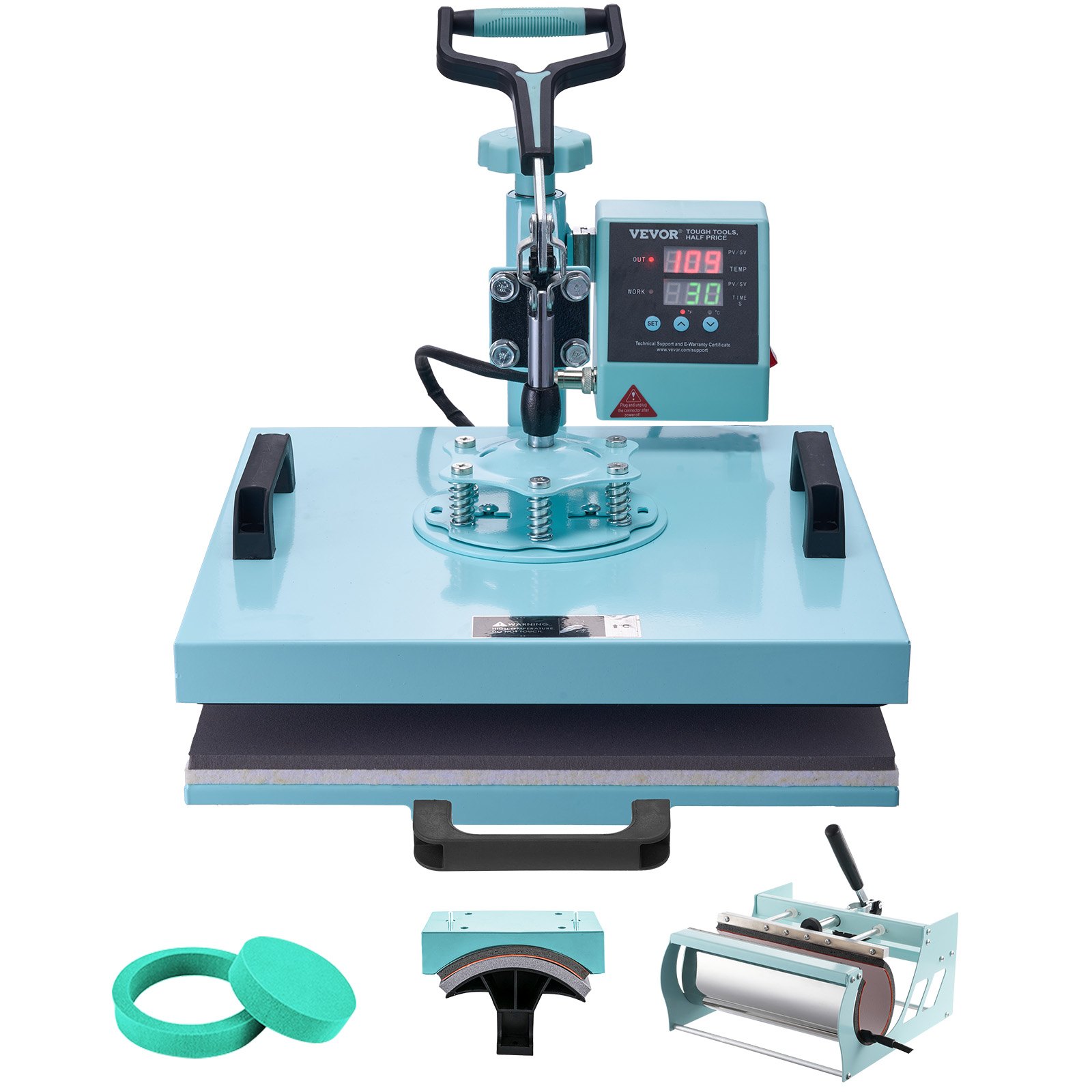 VEVOR - Máquina de prensado por calor, 15 x 15 pulgadas, 5 en 1, con prensa de vaso de 30 oz, prensado de camisetas con giro de 360°, control digital preciso, para camisetas, tazas, sombreros y platos, color verde