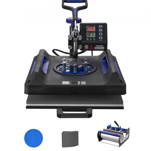 Máquina de prensado por calor VEVOR, 15 x 15 pulgadas, máquina de transferencia de calor 5 en 1 con prensa de vaso de 30 oz, prensado digital de camisetas con giro de 360°, revestimiento de teflón, para camisetas, tazas, sombreros y platos, negro y azul