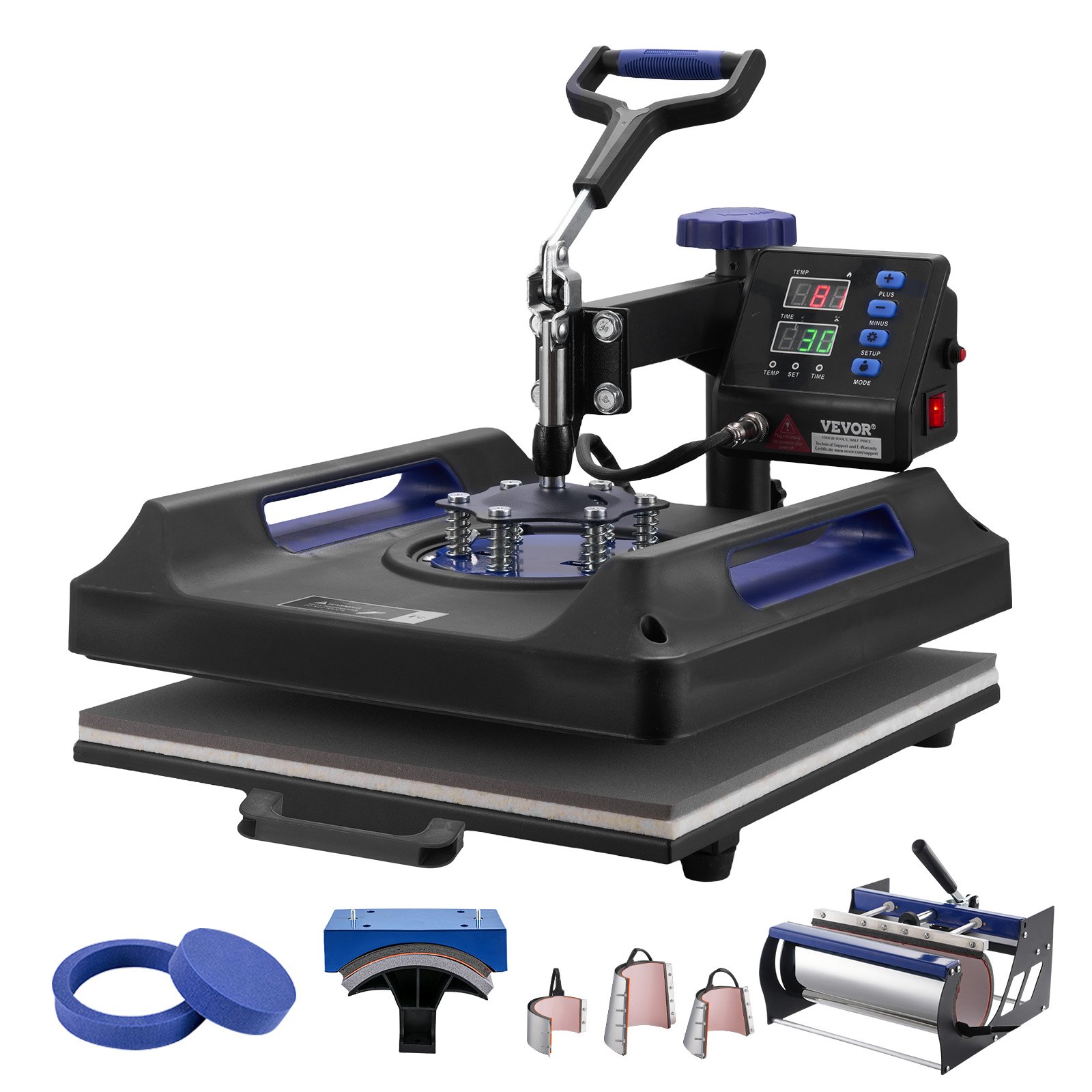 Máquina de prensado por calor VEVOR, 15 x 15 pulgadas, máquina de transferencia de calor 8 en 1 con prensa de vaso de 30 oz, prensado digital de camisetas con giro de 360°, revestimiento de teflón, para camisetas, tazas, sombreros y platos, negro y azul