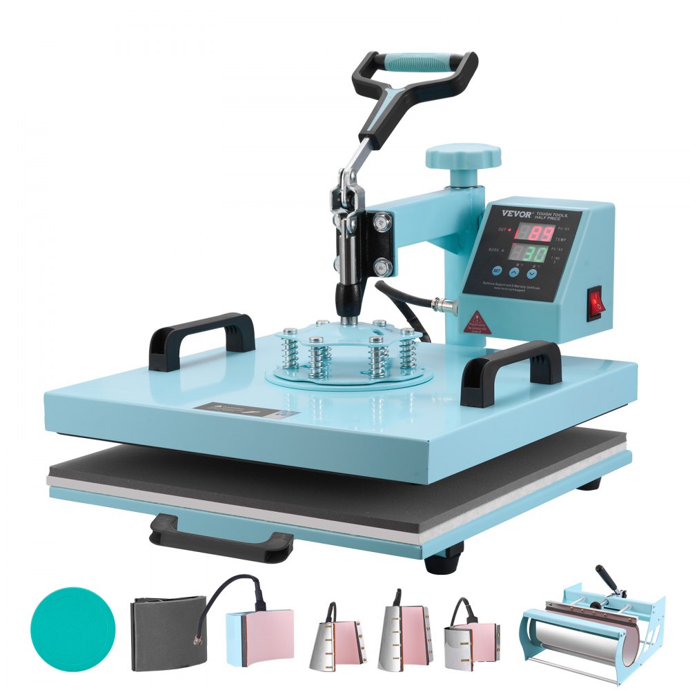 VEVOR - Máquina de prensado por calor, 15 x 15 pulgadas, 8 en 1, con prensa de vaso de 6 a 30 oz, prensado de camisetas con giro de 360°, control digital preciso, para camisetas, tazas, sombreros y platos, color verde