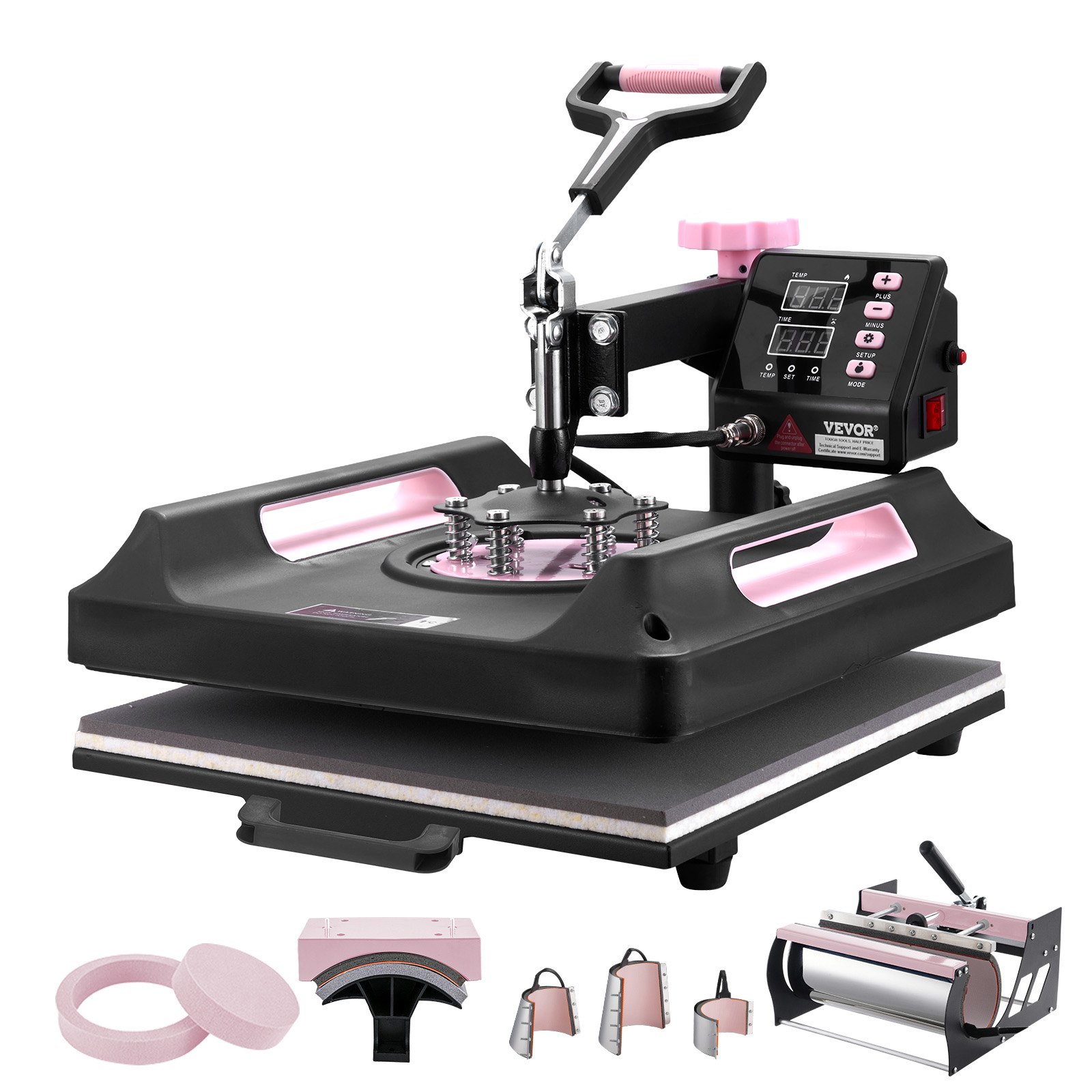 VEVOR - Máquina de prensado por calor, 15 x 15 pulgadas, 8 en 1, con prensa de vaso de 30 oz, prensa digital de camisetas con giro de 360°, revestimiento de teflón, para camisetas, tazas, sombreros y platos, color negro