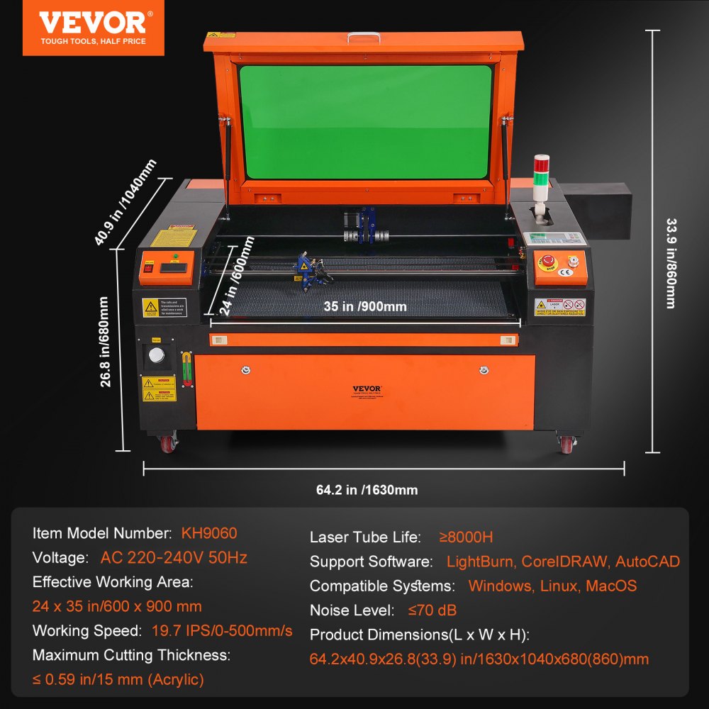 VEVOR Grabador Láser de CO2 100 W, 60 x 90 cm, 19,7 IPS, Máquina Grabadora Láser Asistencia de Aire Bidireccional Compatible con LightBurn, CorelDRAW, AutoCAD, Windows, Mac OS, Linux, para Acrílico