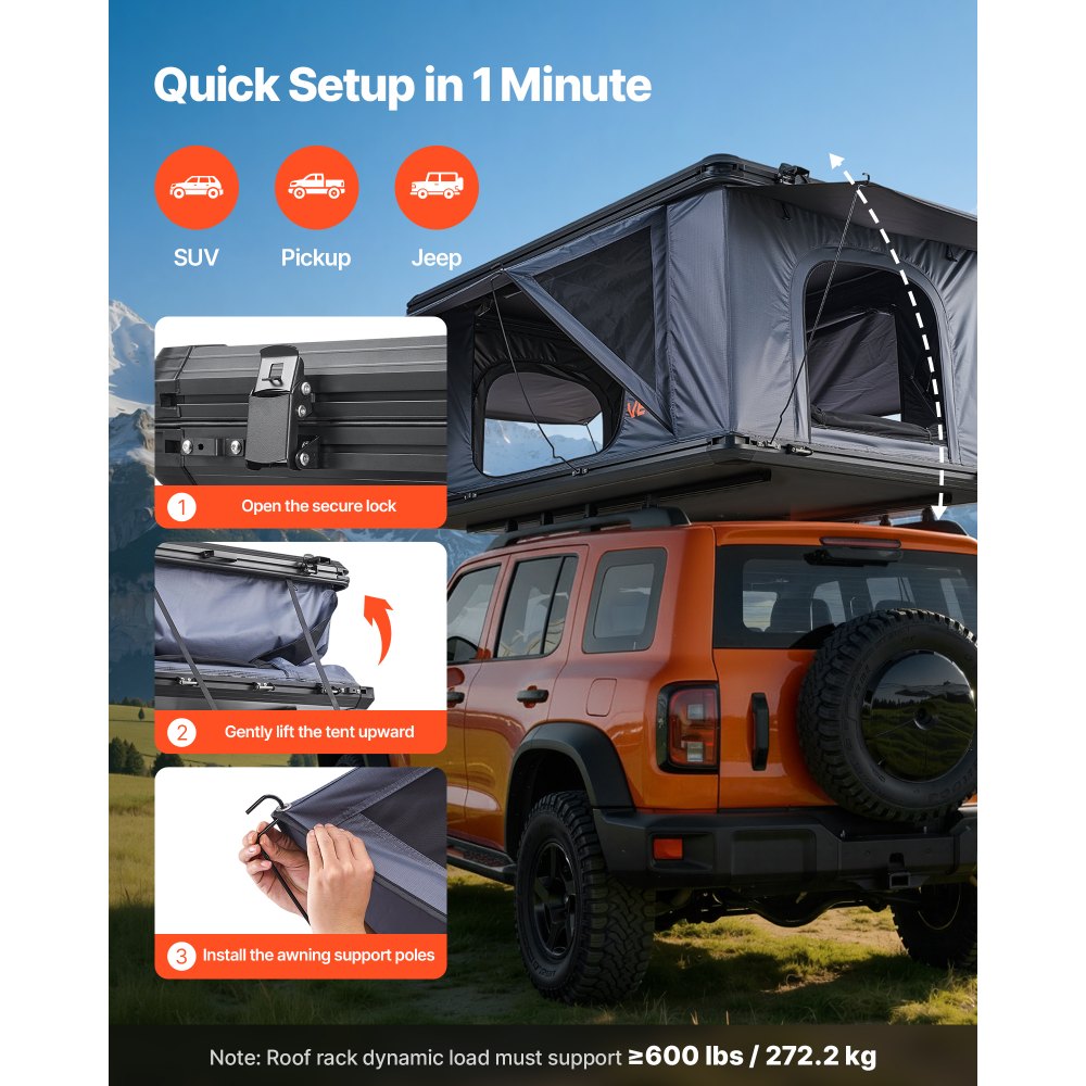 VEVOR Tienda de Techo Rígida para 2-3 Personas, Tienda de Campaña para Techo de Coche con Luz LED, Colchón Grueso y 2 Ventanas, Impermeable y Resistente al Viento, para Jeep, SUV, Camionetas