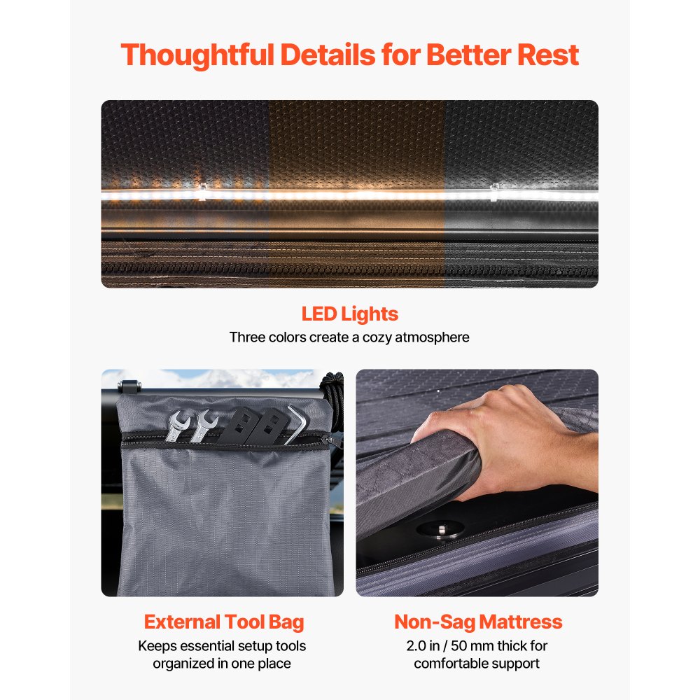 VEVOR Tienda de Techo Rígida para 2-3 Personas, Tienda de Campaña para Techo de Coche con Luz LED, Colchón Grueso y 2 Ventanas, Impermeable y Resistente al Viento, para Jeep, SUV, Camionetas