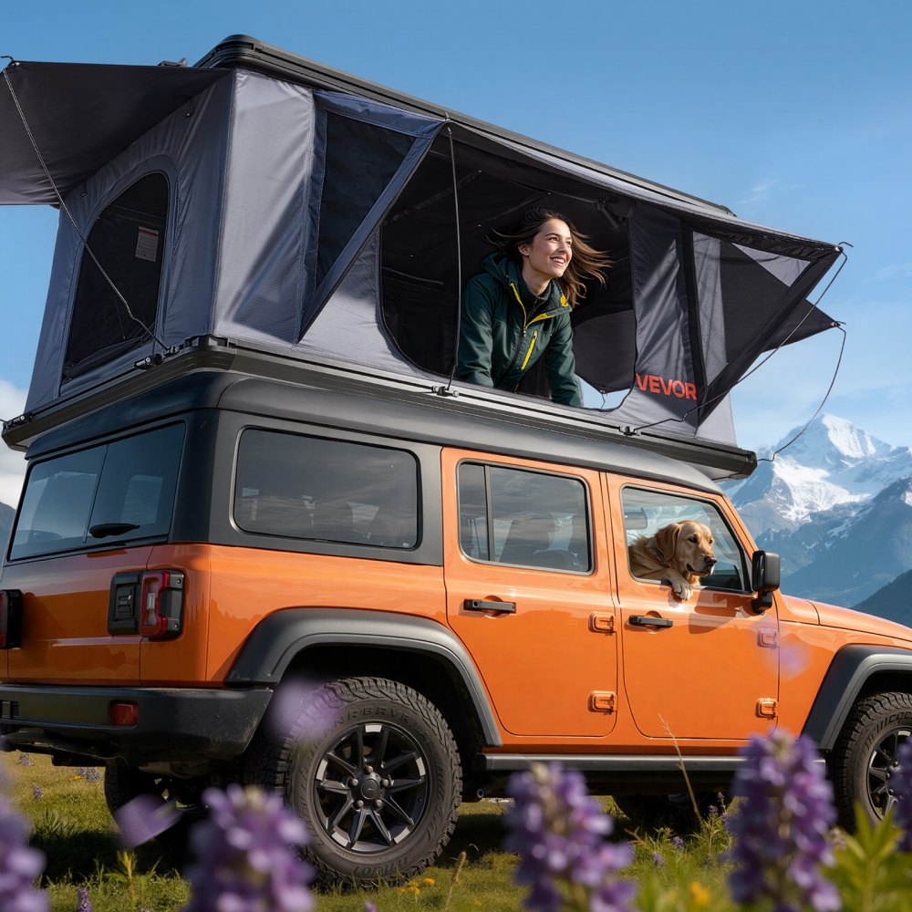 VEVOR Tienda de Techo Rígida para 2-3 Personas, Tienda de Campaña para Techo de Coche con Luz LED, Colchón Grueso y 2 Ventanas, Impermeable y Resistente al Viento, para Jeep, SUV, Camionetas