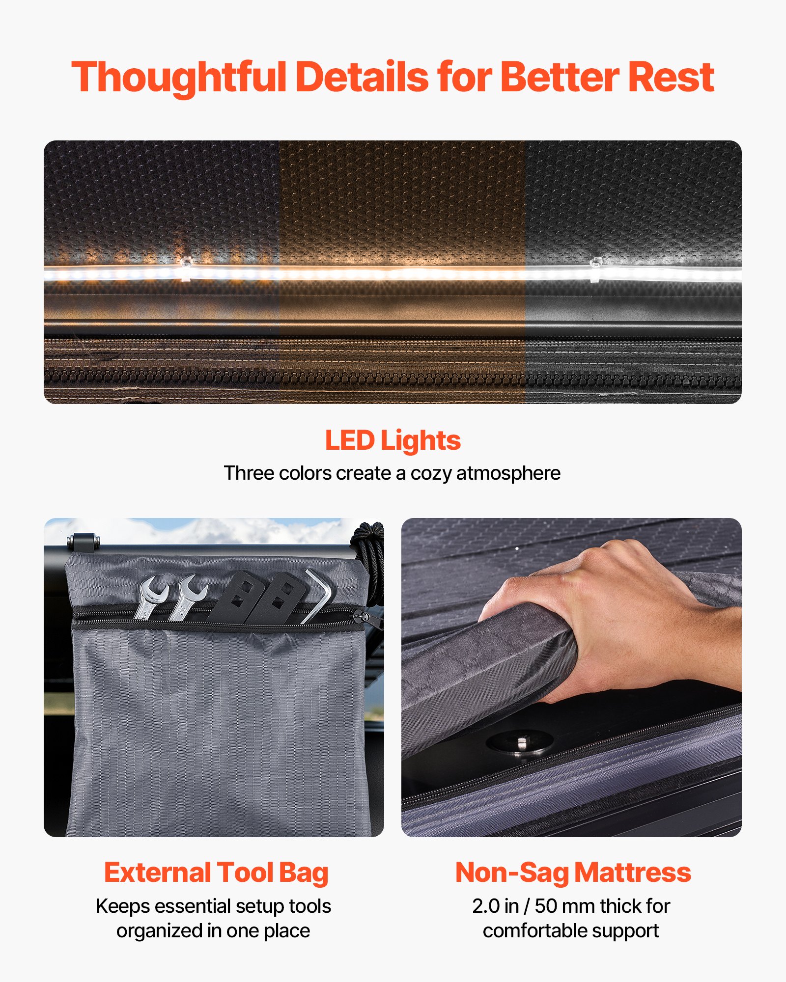 VEVOR Tienda de Techo Rígida para 2-3 Personas, Tienda de Campaña para Techo de Coche con Luz LED, Colchón Grueso y 2 Ventanas, Impermeable y Resistente al Viento, para Jeep, SUV, Camionetas