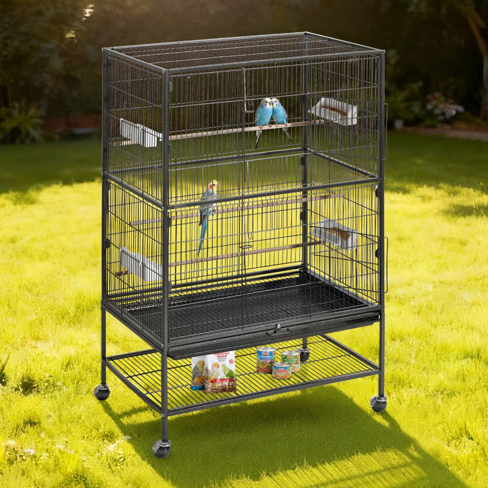 VEVOR Jaula para Pájaros, 800 x 520 x 1320 mm, Techo Plano, Hierro Forjado, con Perchas, Bandeja Extraíble y Comederos de Plástico, Ruedas, para Herrerillos Comunes, Cacatúas Ninfas, Canarios