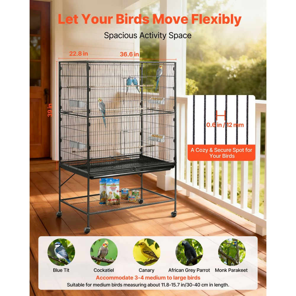 VEVOR Bird Cage, 930 x 580 x 1510 mm, Flat Top, Wrought Iron Bird Flight Cage with Perches, Slide-Out Tray and Plastic Feeders, for Blue Tit, Cockatiel, Canary, Monk Parakeet, African Grey Parrot