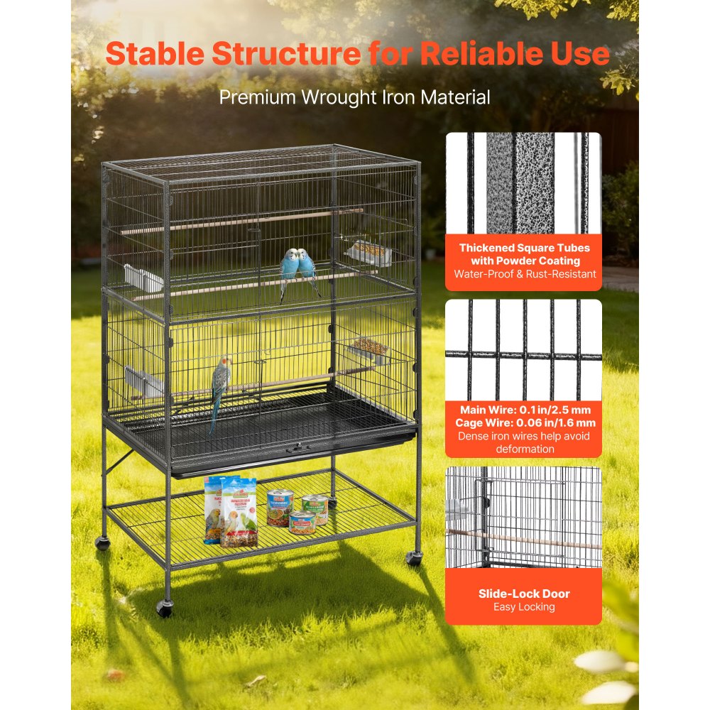 VEVOR Bird Cage, 930 x 580 x 1510 mm, Flat Top, Wrought Iron Bird Flight Cage with Perches, Slide-Out Tray and Plastic Feeders, for Blue Tit, Cockatiel, Canary, Monk Parakeet, African Grey Parrot