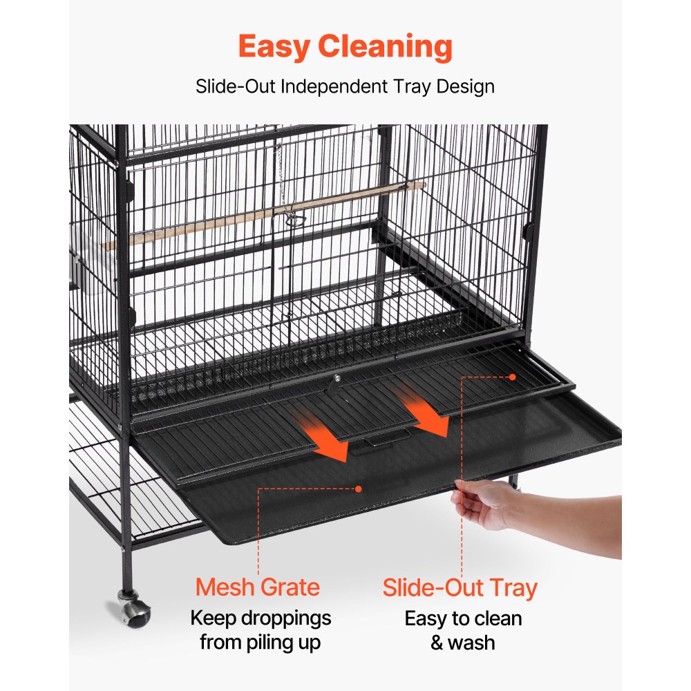 VEVOR Bird Cage, 930 x 580 x 1510 mm, Flat Top, Wrought Iron Bird Flight Cage with Perches, Slide-Out Tray and Plastic Feeders, for Blue Tit, Cockatiel, Canary, Monk Parakeet, African Grey Parrot