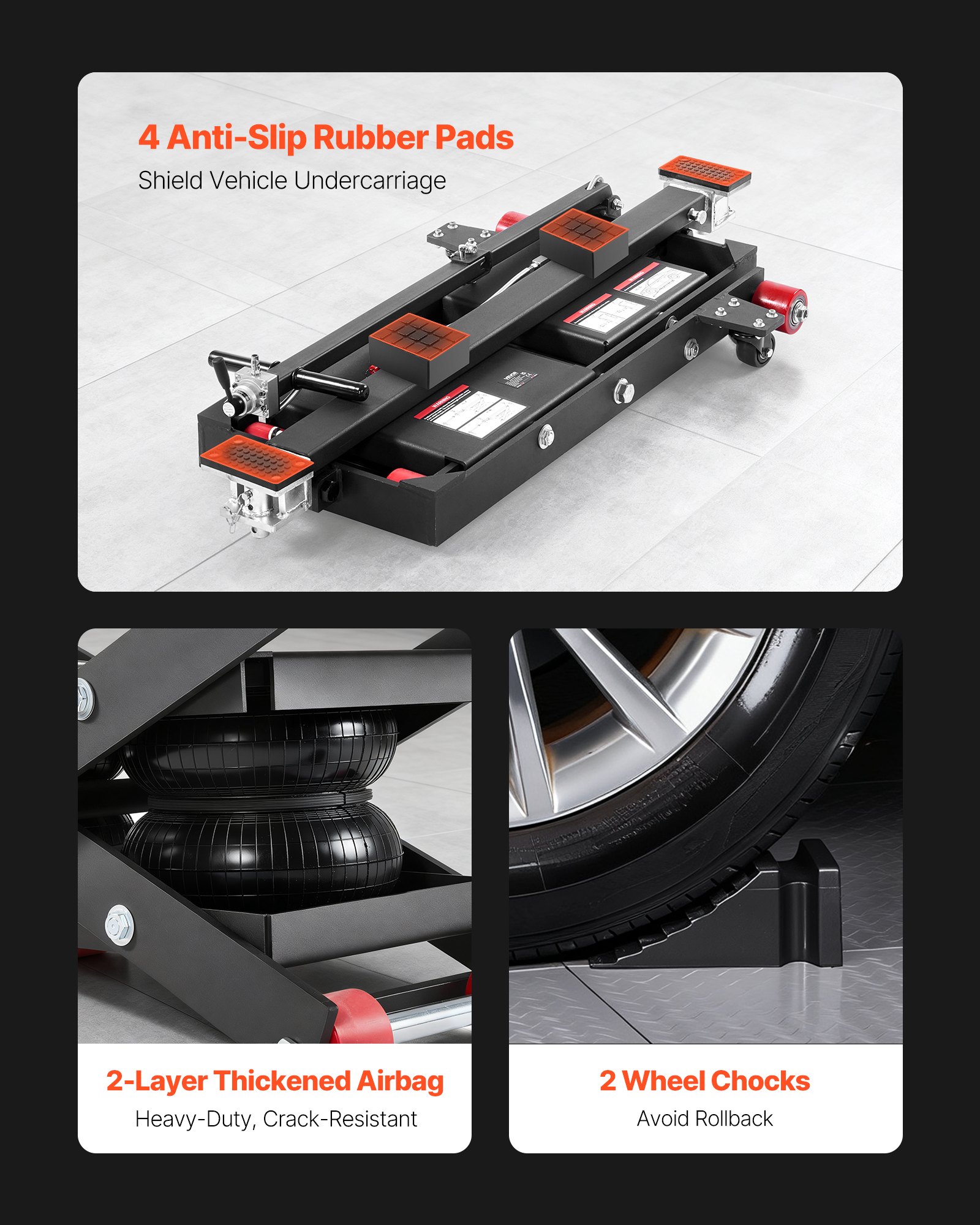 VEVOR Plataforma Elevadora Neumática Portátil, Capacidad de Elevación de 3 Toneladas, Altura Máxima de Elevación de 55 cm, con Airbag, Pies de Apoyo, Calzos para Ruedas y Almohadillas de Goma
