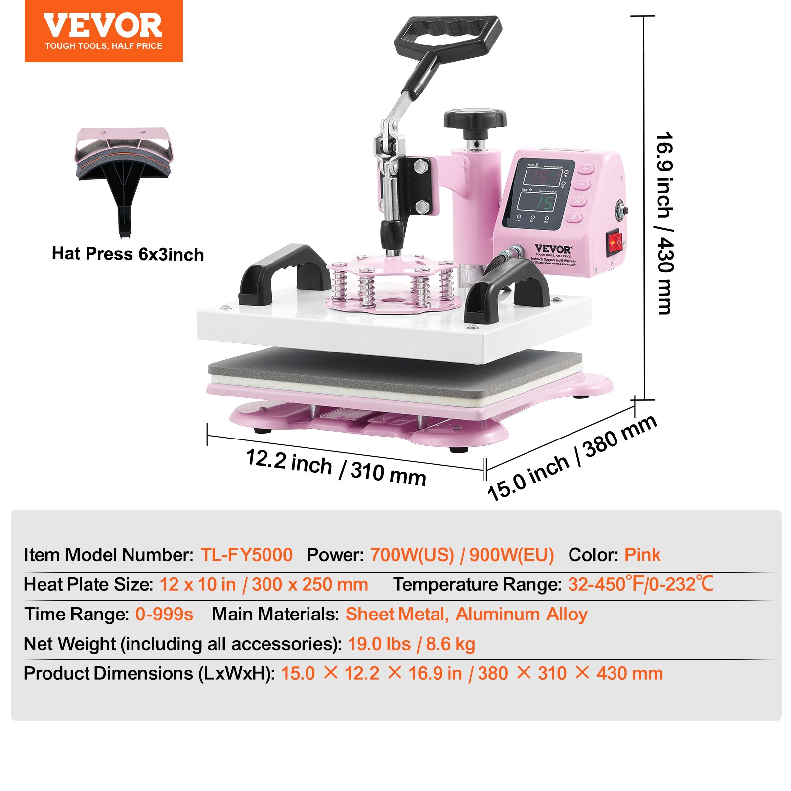 VEVOR 2 en 1 Máquina de Prensado por Calor de 300 x 250 mm con Prensa para gorras, Prensa Térmico con Giro de 360° y Control Digital Preciso para Camisetas, Tazas, Sombreros y Almohadas, Rosa