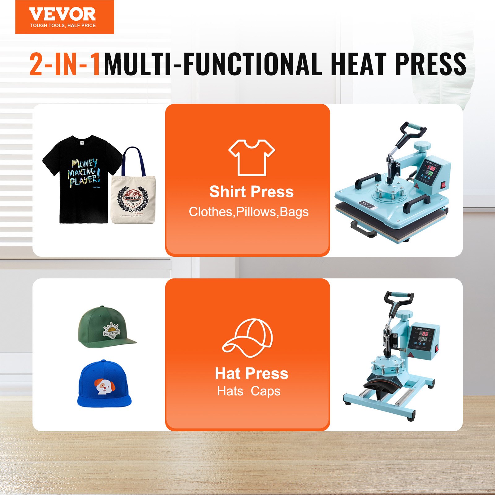 VEVOR - Máquina de prensado por calor, 12 x 15 pulgadas, 2 en 1, con prensa para gorras, prensa para camisetas con giro de 360°, control digital preciso, calentamiento rápido y uniforme para camisetas, gorras y sombreros, color verde