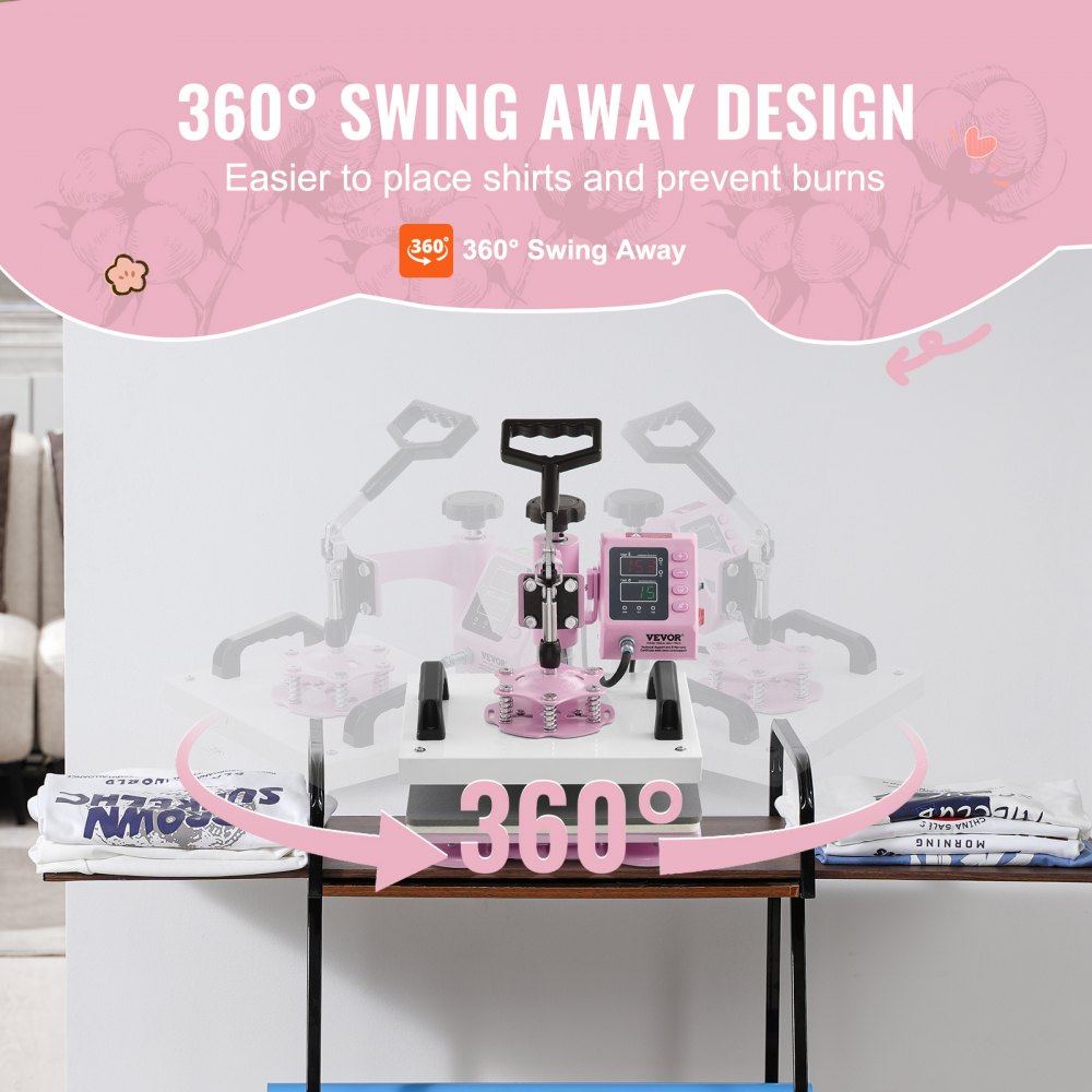 Prensa térmica VEVOR, máquina de prensado térmico de 12 x 10 pulgadas, prensa de camisetas con giro de 360°, calentamiento rápido y uniforme, control digital preciso, máquina de transferencia de calor para camisetas, almohadas y bolsas, color rosa