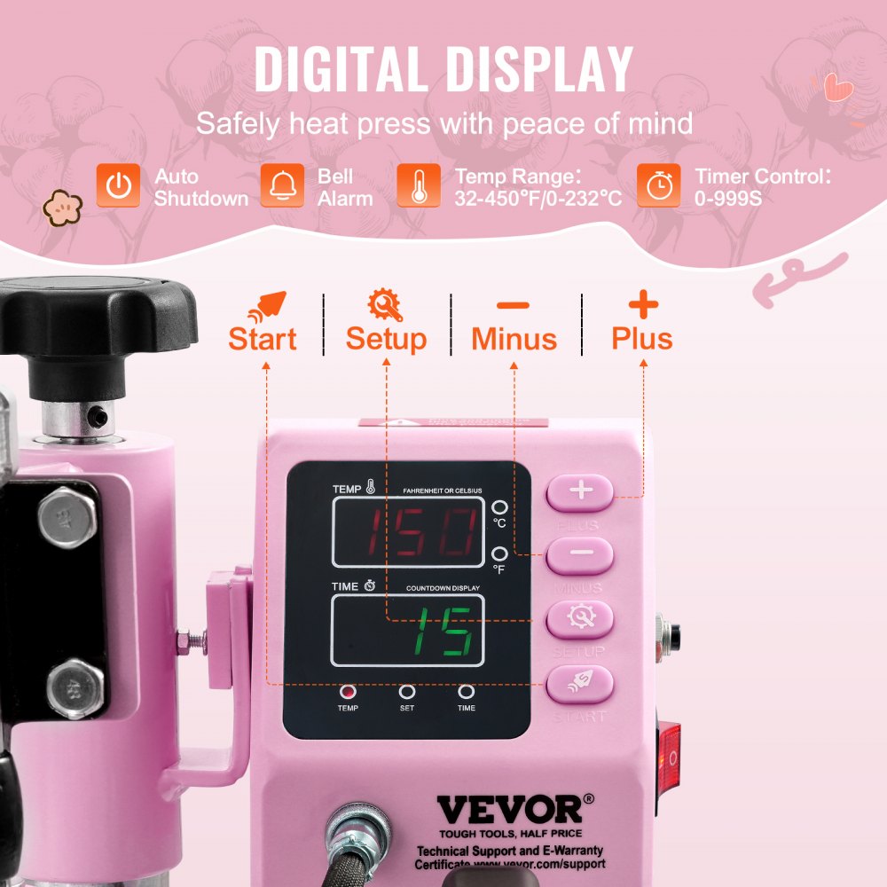 Prensa térmica VEVOR, máquina de prensado térmico de 12 x 10 pulgadas, prensa de camisetas con giro de 360°, calentamiento rápido y uniforme, control digital preciso, máquina de transferencia de calor para camisetas, almohadas y bolsas, color rosa