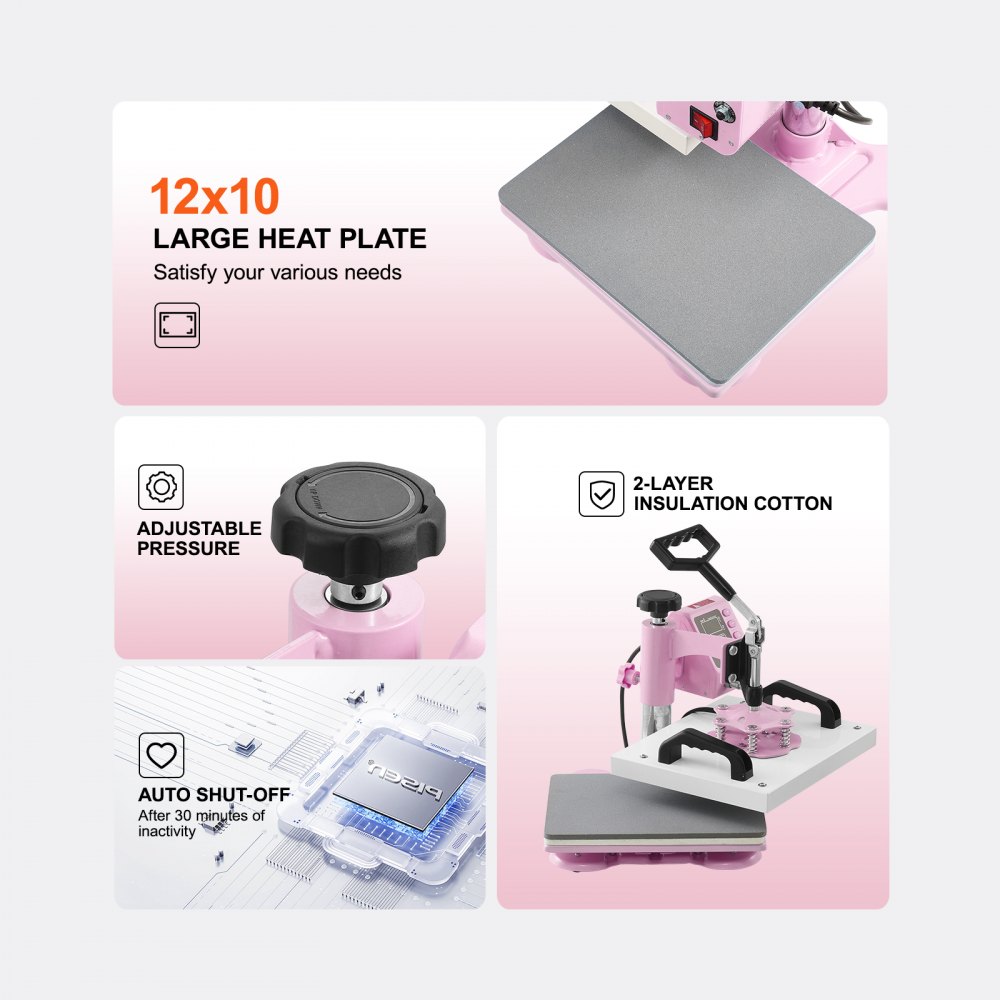 Prensa térmica VEVOR, máquina de prensado térmico de 12 x 10 pulgadas, prensa de camisetas con giro de 360°, calentamiento rápido y uniforme, control digital preciso, máquina de transferencia de calor para camisetas, almohadas y bolsas, color rosa