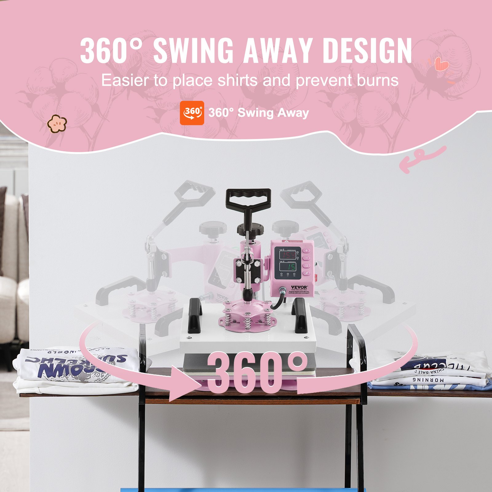 Prensa térmica VEVOR, máquina de prensado térmico de 12 x 10 pulgadas, prensa de camisetas con giro de 360°, calentamiento rápido y uniforme, control digital preciso, máquina de transferencia de calor para camisetas, almohadas y bolsas, color rosa