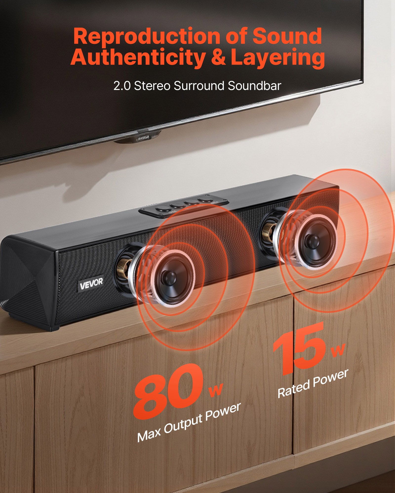 VEVOR Barra de Sonido para Smart TV, 2.0 Canales, Altavoces Compactos de 450 mm para Proyector, Puerto Auxiliar Bluetooth, Control Remoto, Sistema de Sonido Envolvente 80 W para Cine en Casa y PC