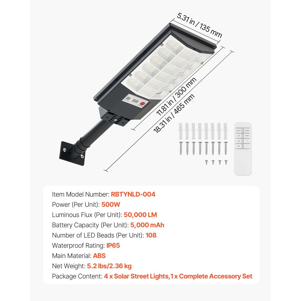 VEVOR Farolas Solares para Exteriores de 500 W, 50 000 LM, Iluminación de Seguridad LED con Sensor de Movimiento, IP65, Resistente al Agua, Ideal para Patios, Calles, Entradas de Vehículos, 4 uds