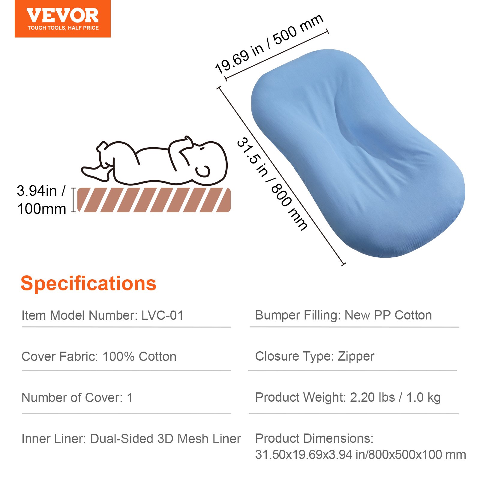 VEVOR Cama Nido para Bebé, 100 % Algodón, Transpirable y Suave, con Funda de Doble Cara y Lavable a Máquina, Asiento de Suelo Portátil para Bebé, para Casa y Viajes, 800 x 500 x 100 mm, Color Azul
