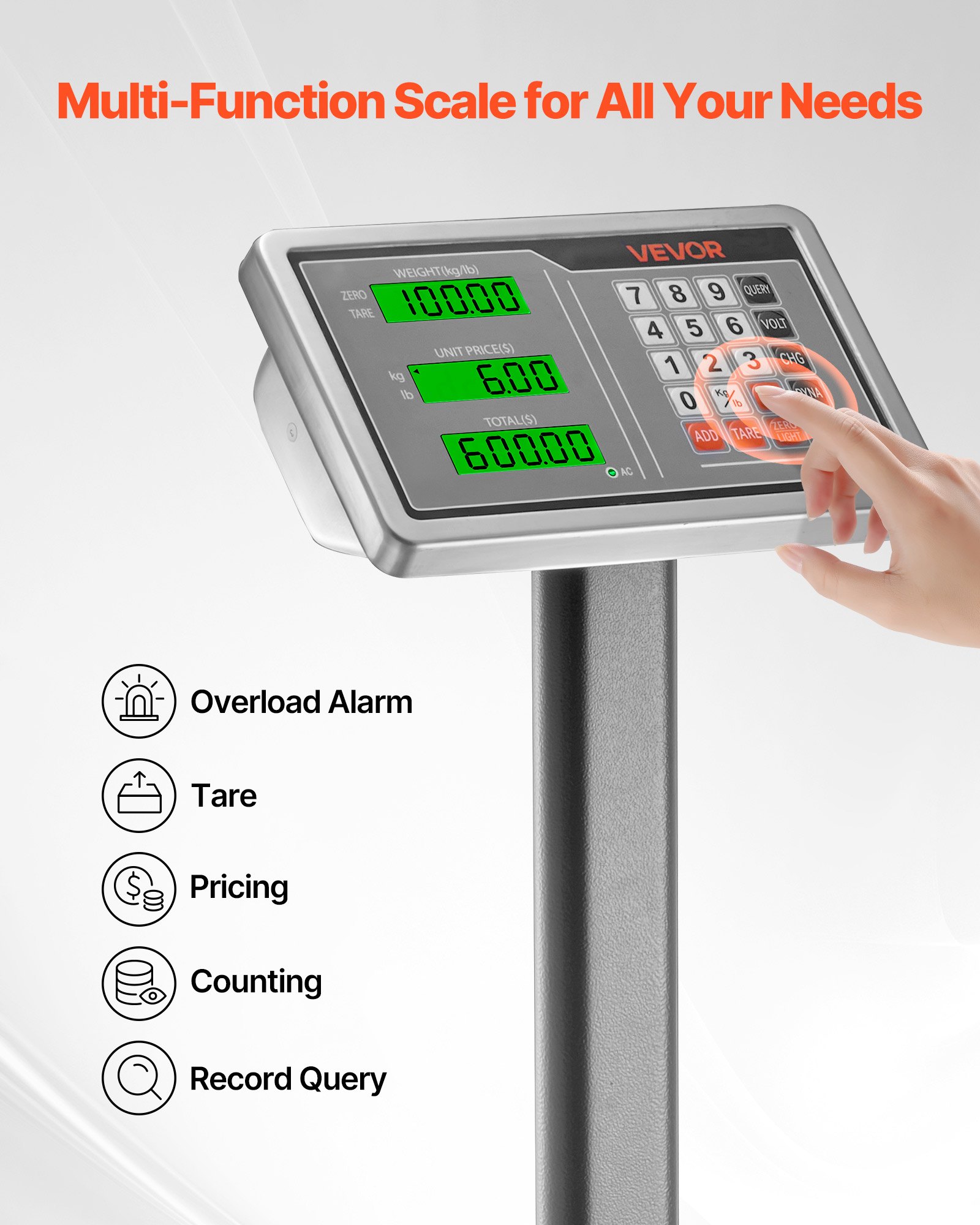 VEVOR Báscula Digital de Plataforma, Capacidad 300 kg, Alta Precisión 50 g, con Conversión de Libras a kg, Función de Tara, Calculadora de Precios, para Equipaje, Envíos, Paquetes y Franqueo