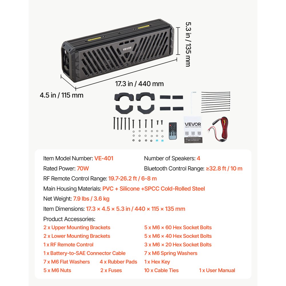 VEVOR Barra de Sonido para UTV, con 2 Tweeters y 2 Altavoces de Medios-graves, Compatible con Bluetooth, USB, Entrada Auxiliar y Control Remoto RF, Iluminación RGB Multicolor, para Carritos de Golf